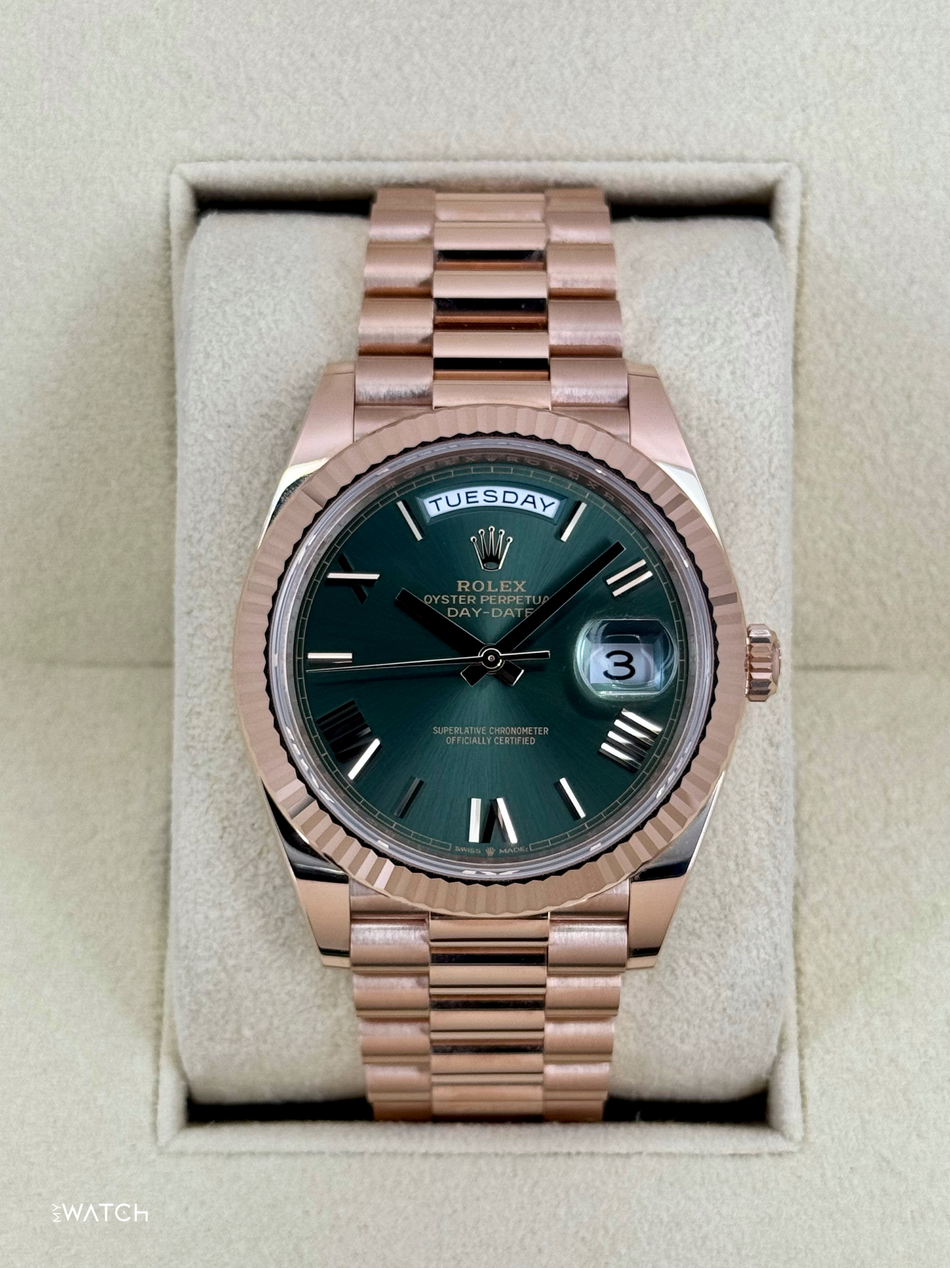 2025 Rolex Day-Date 40mm 228235 Presidential Rose Gold Olive Dial - MyWatchLLC