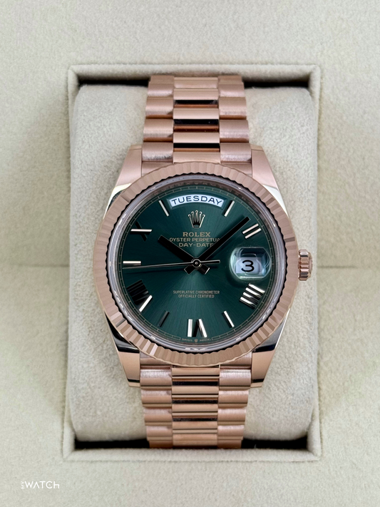 2025 Rolex Day-Date 40mm 228235 Presidential Rose Gold Olive Dial - MyWatchLLC
