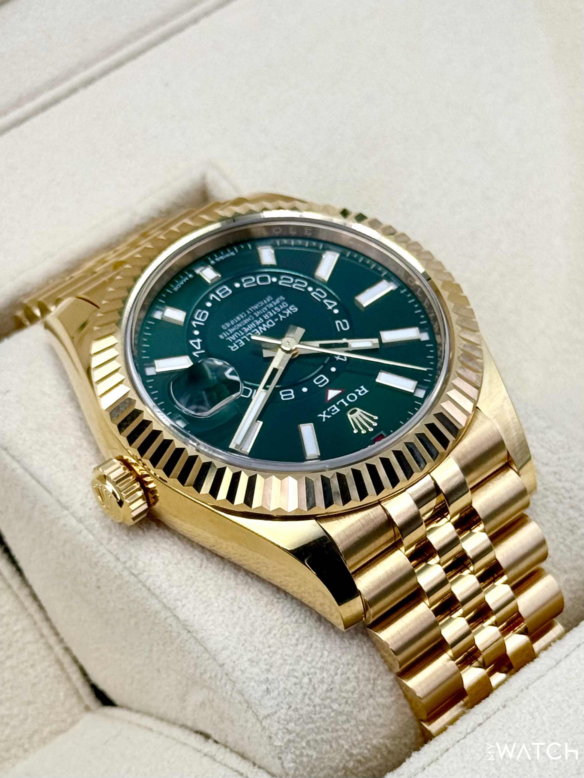 2025 Rolex Sky-Dweller 42mm 336938 Yellow Gold Jubilee Green Dial - MyWatchLLC