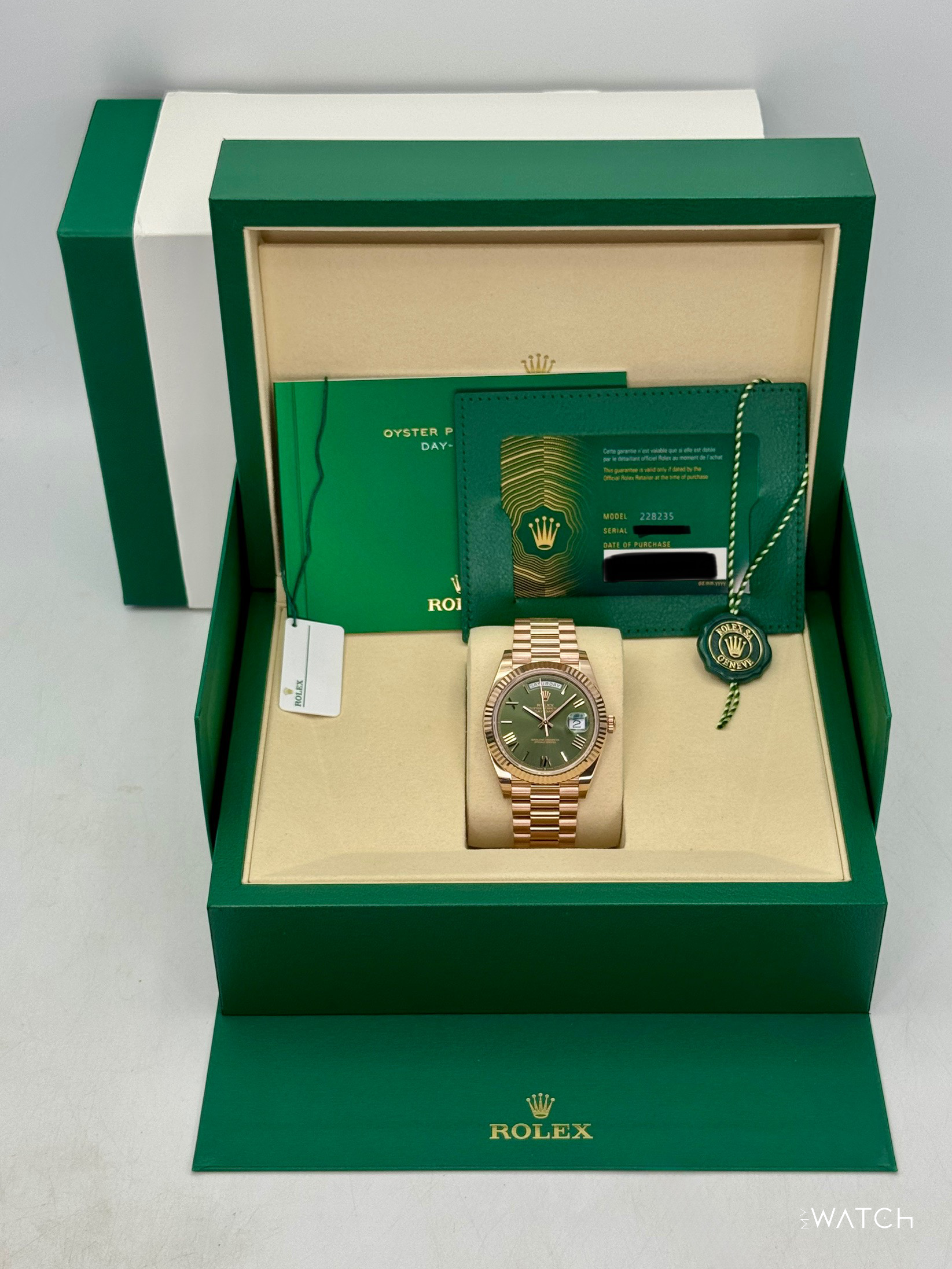 NEW 2025 Rolex Day-Date 40mm 228235 Presidential Rose Gold Olive Green Dial (STICKERED) - MyWatchLLC