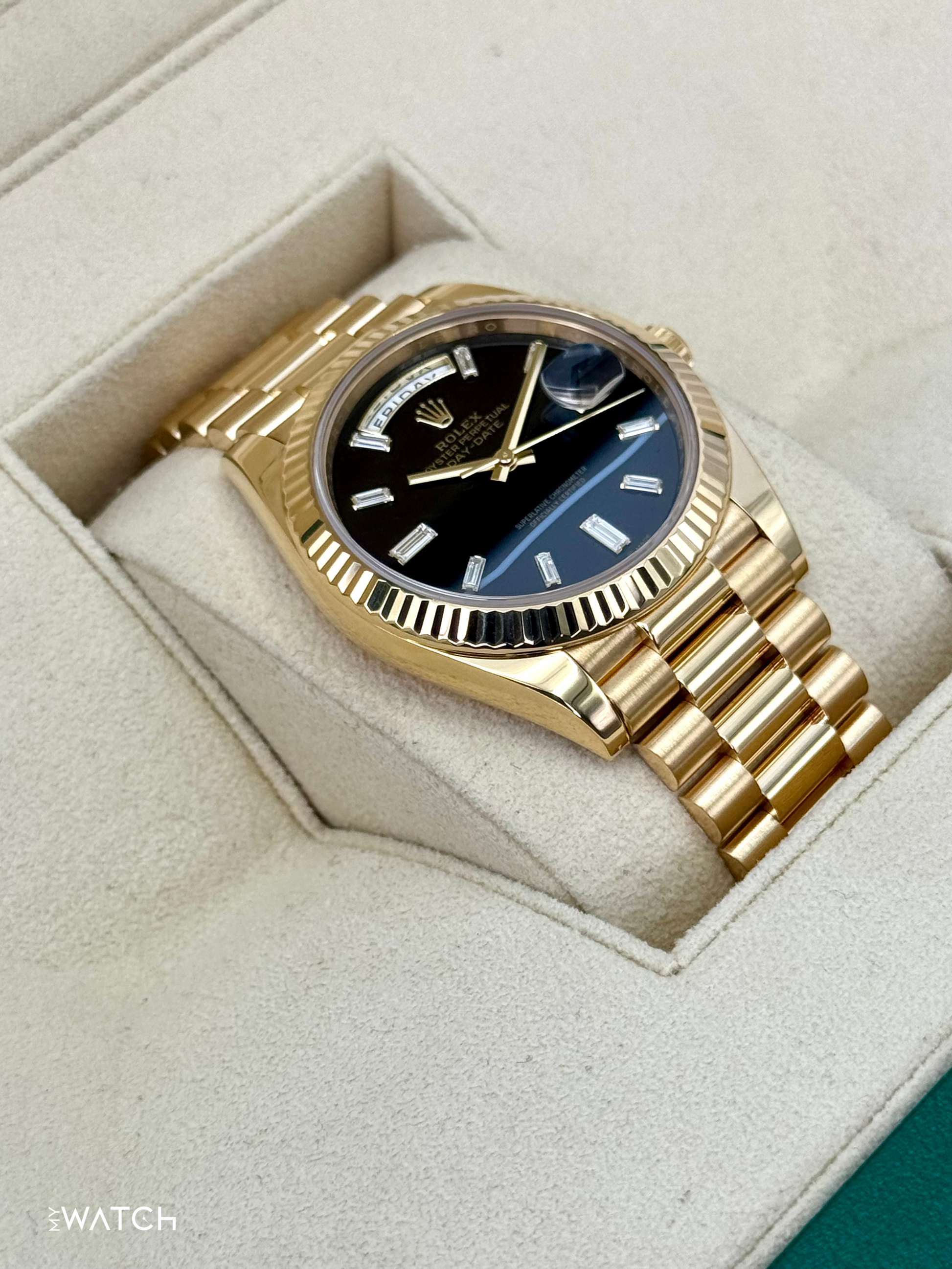 2024 Rolex Day-Date 40mm 228238 Yellow Gold Black Onyx Diamond Dial - MyWatchLLC