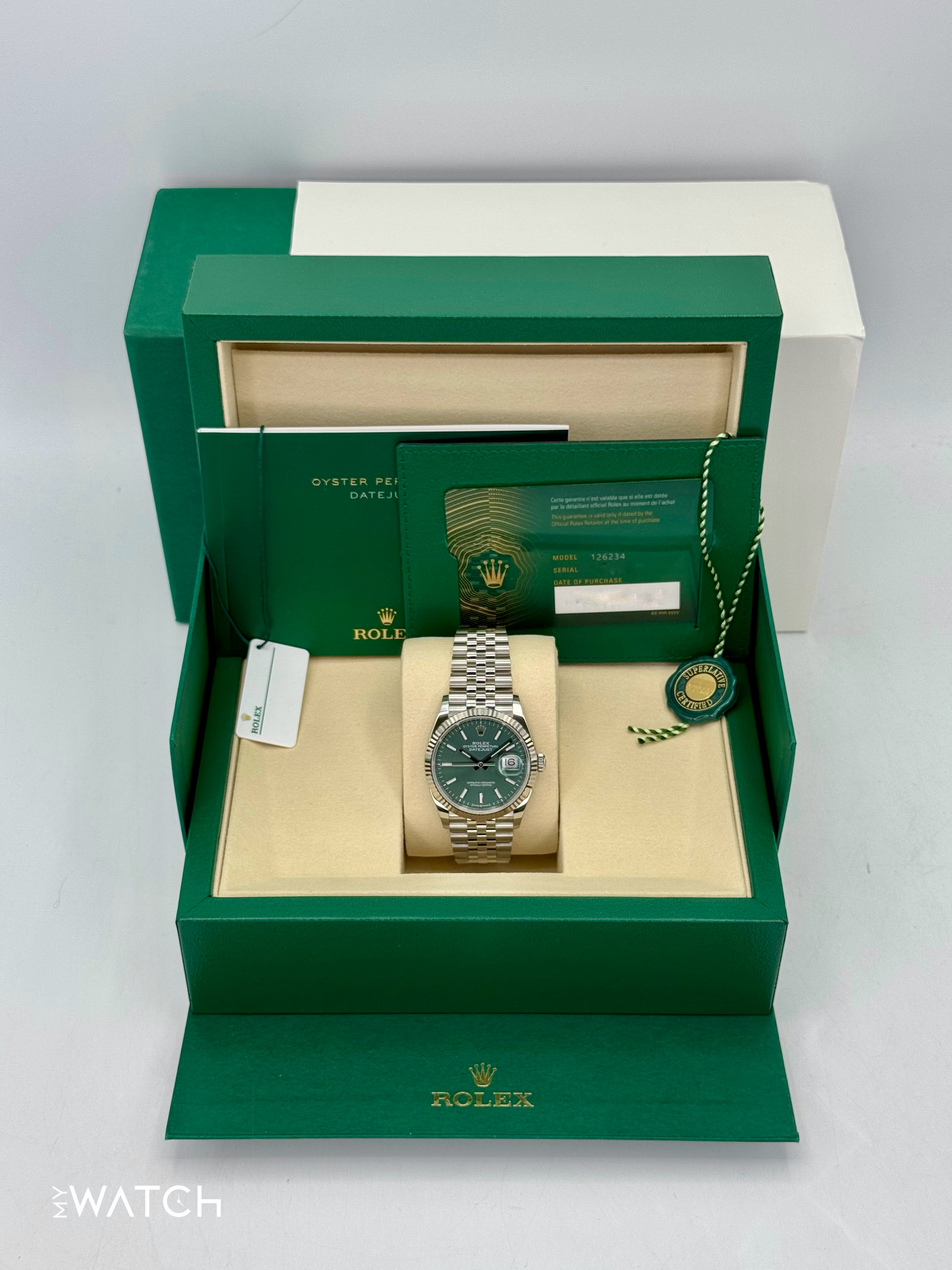 NEW 2025 Rolex Datejust 36mm 126234 Jubilee Green Dial - MyWatchLLC