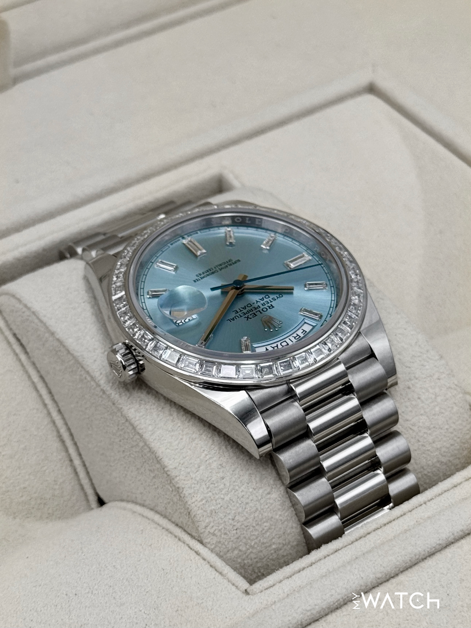 2023 Rolex Day-Date 40mm 228396TBR Ice Blue Diamond Baguette Dial - MyWatchLLC