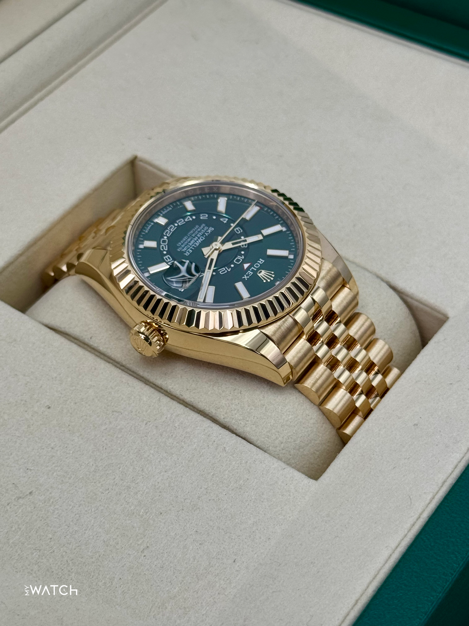 NEW 2025 Rolex Sky-Dweller 42mm 336938 Yellow Gold Jubilee Green Dial - MyWatchLLC