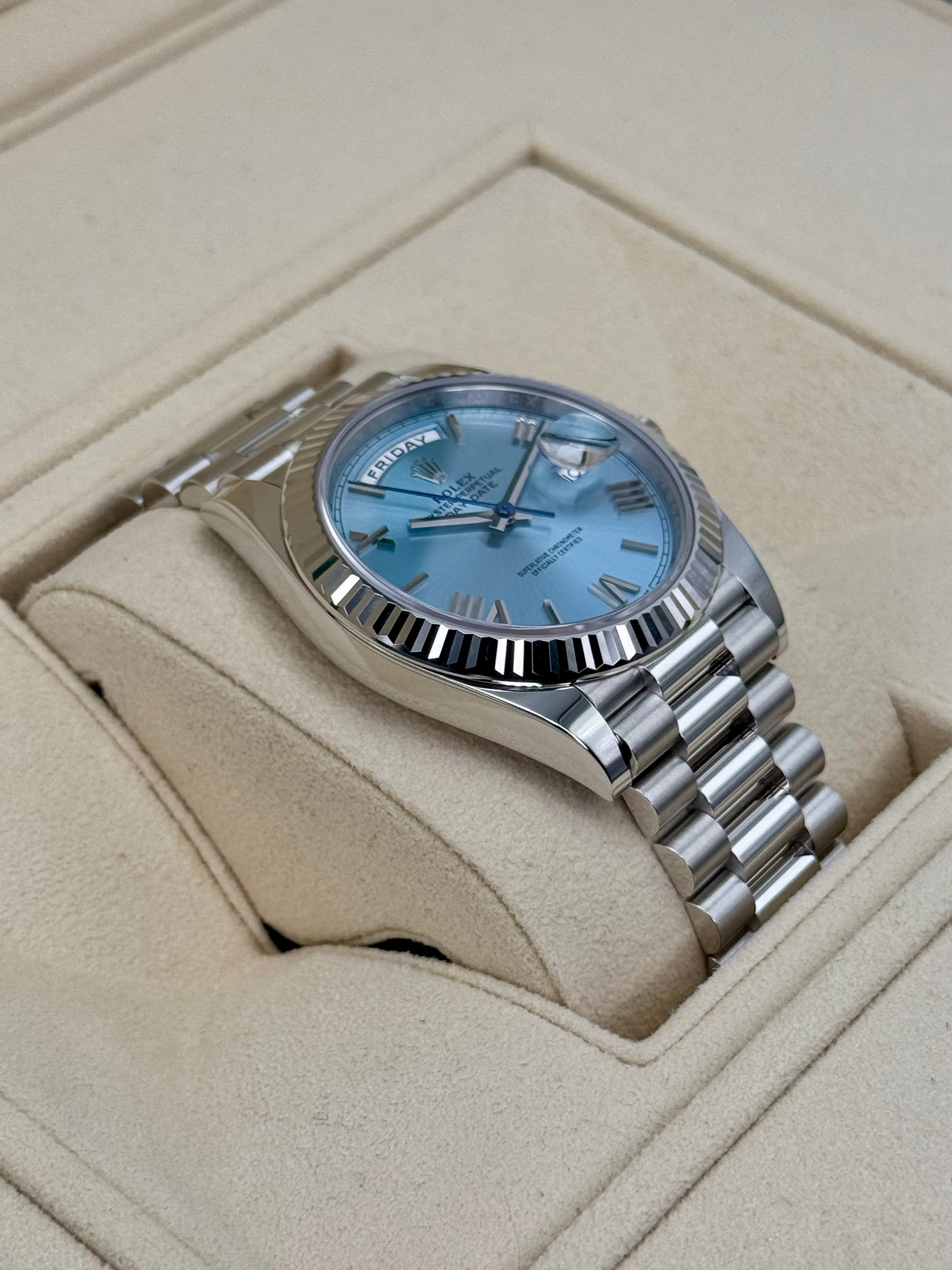 NEW 2024 Rolex Day-Date Platinum 40mm 228236 Ice-Blue Roman Dial - MyWatchLLC