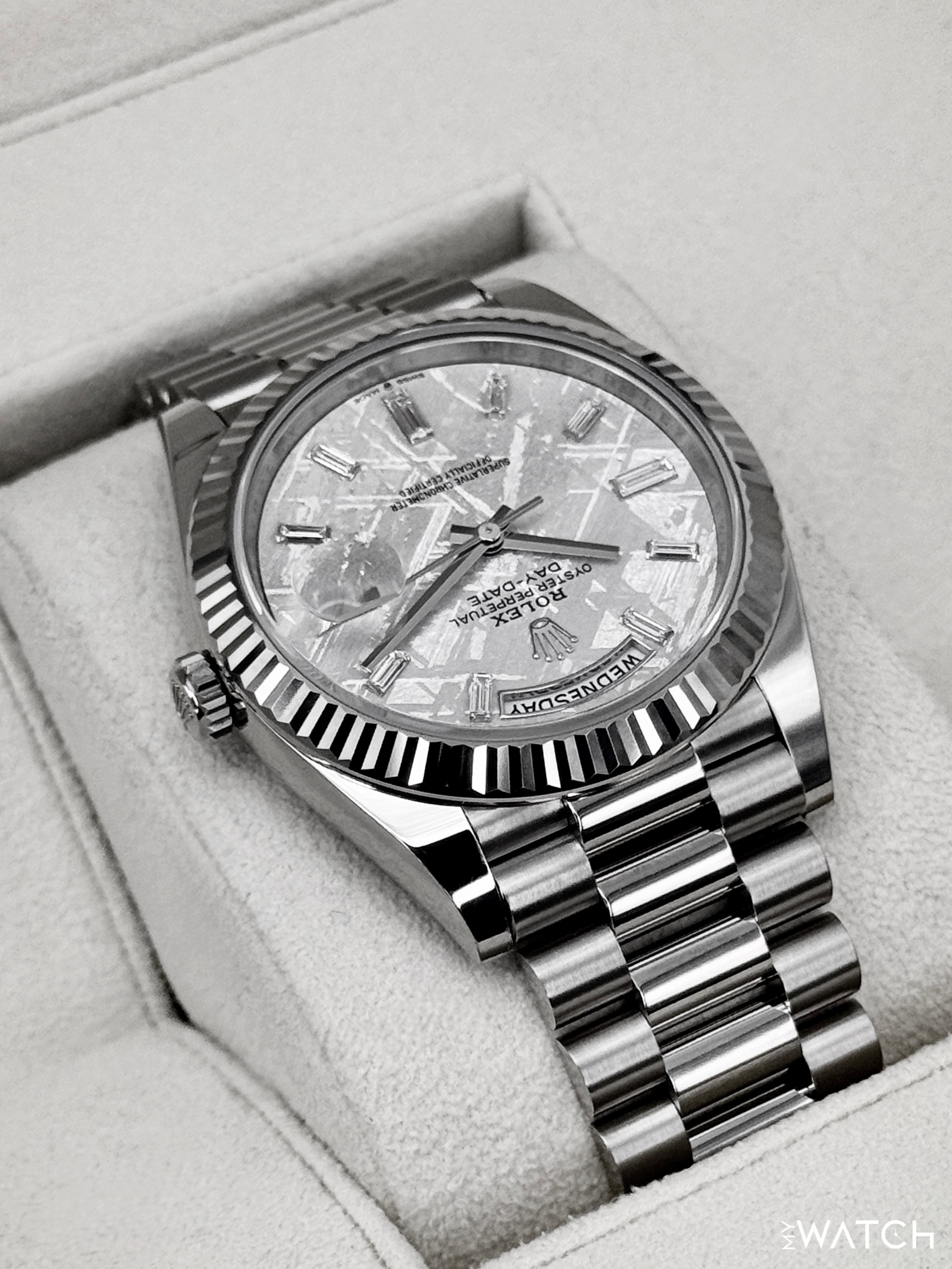 2025 Rolex Day-Date 40mm 228239 Presidential White Gold Meteorite Diamond Dial - MyWatchLLC