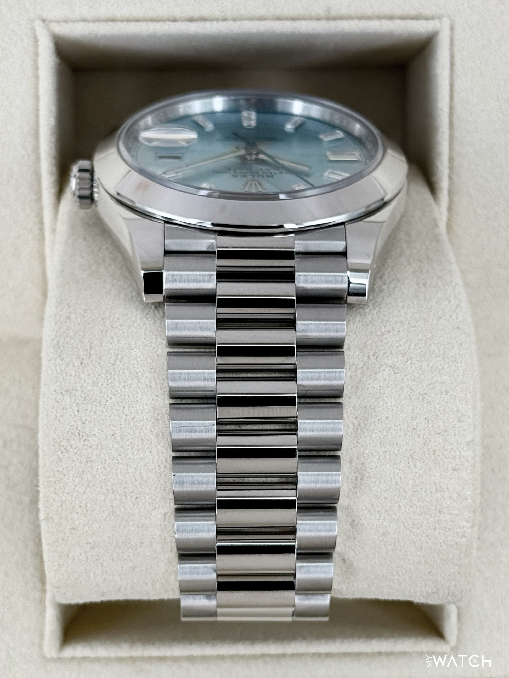 2021 Rolex Day-Date 40mm 228206 Platinum Ice Blue Diamond Dial - MyWatchLLC