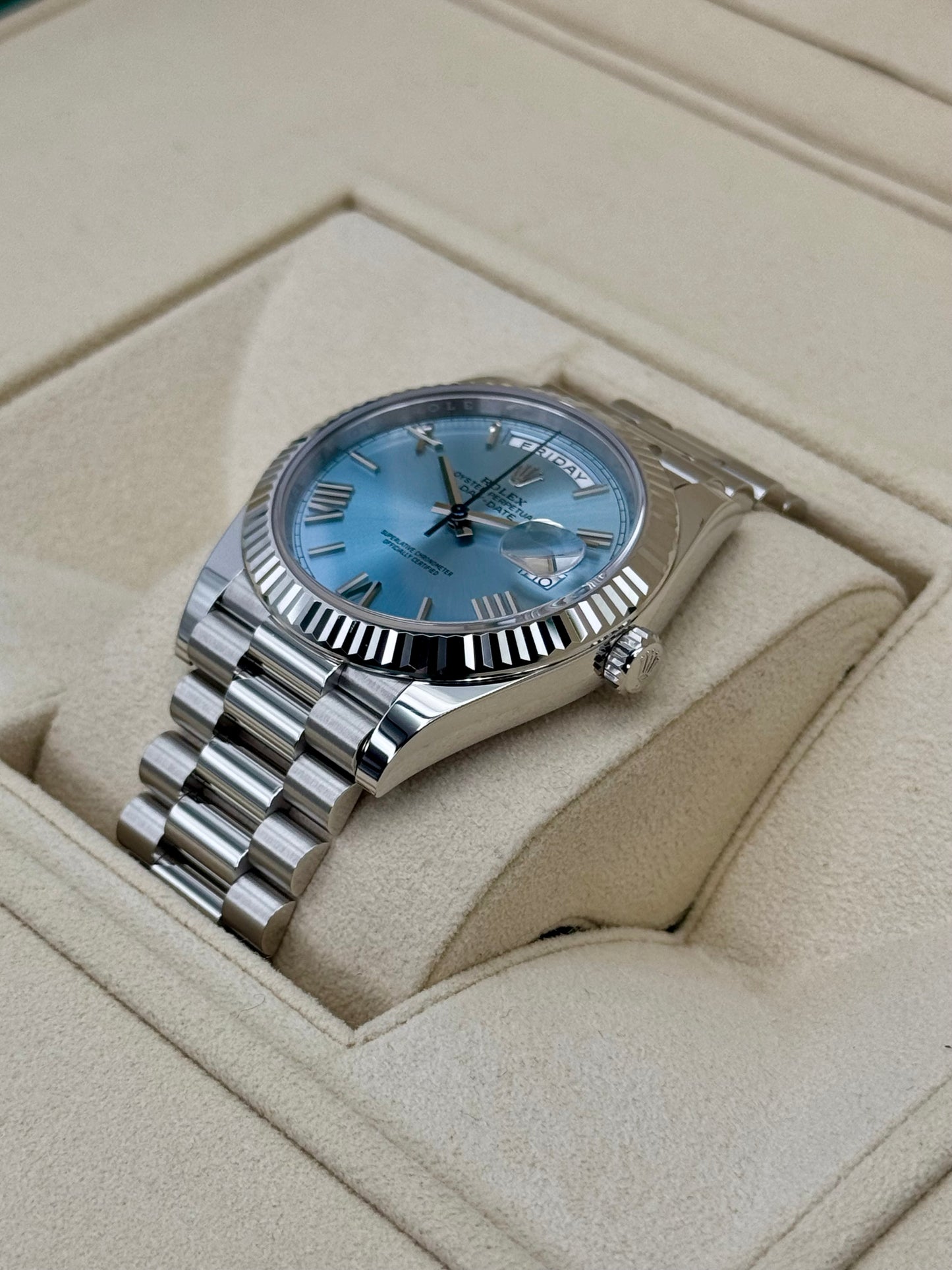 NEW 2024 Rolex Day-Date Platinum 40mm 228236 Ice-Blue Roman Dial - MyWatchLLC