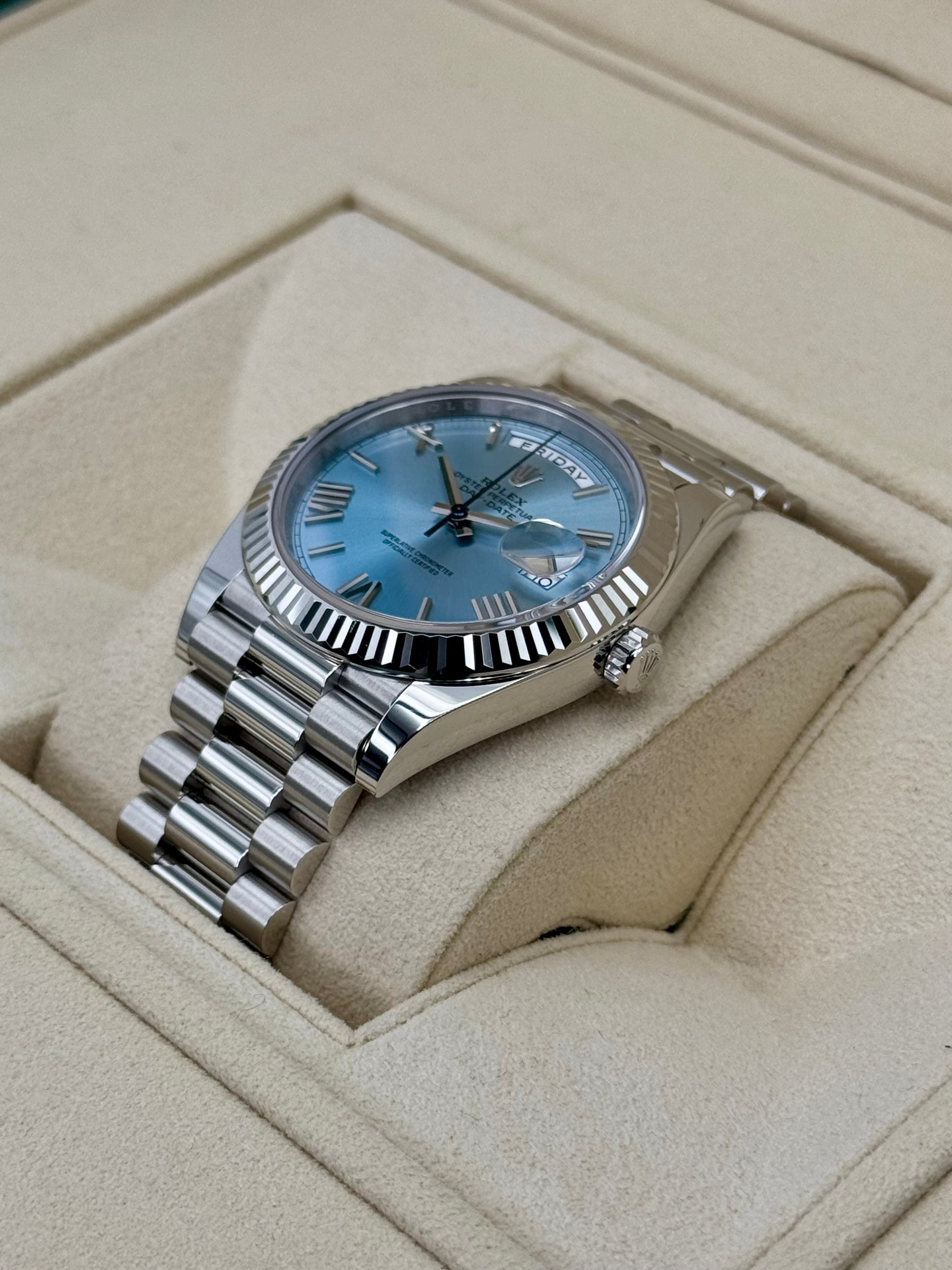 NEW 2024 Rolex Day-Date Platinum 40mm 228236 Ice-Blue Roman Dial - MyWatchLLC