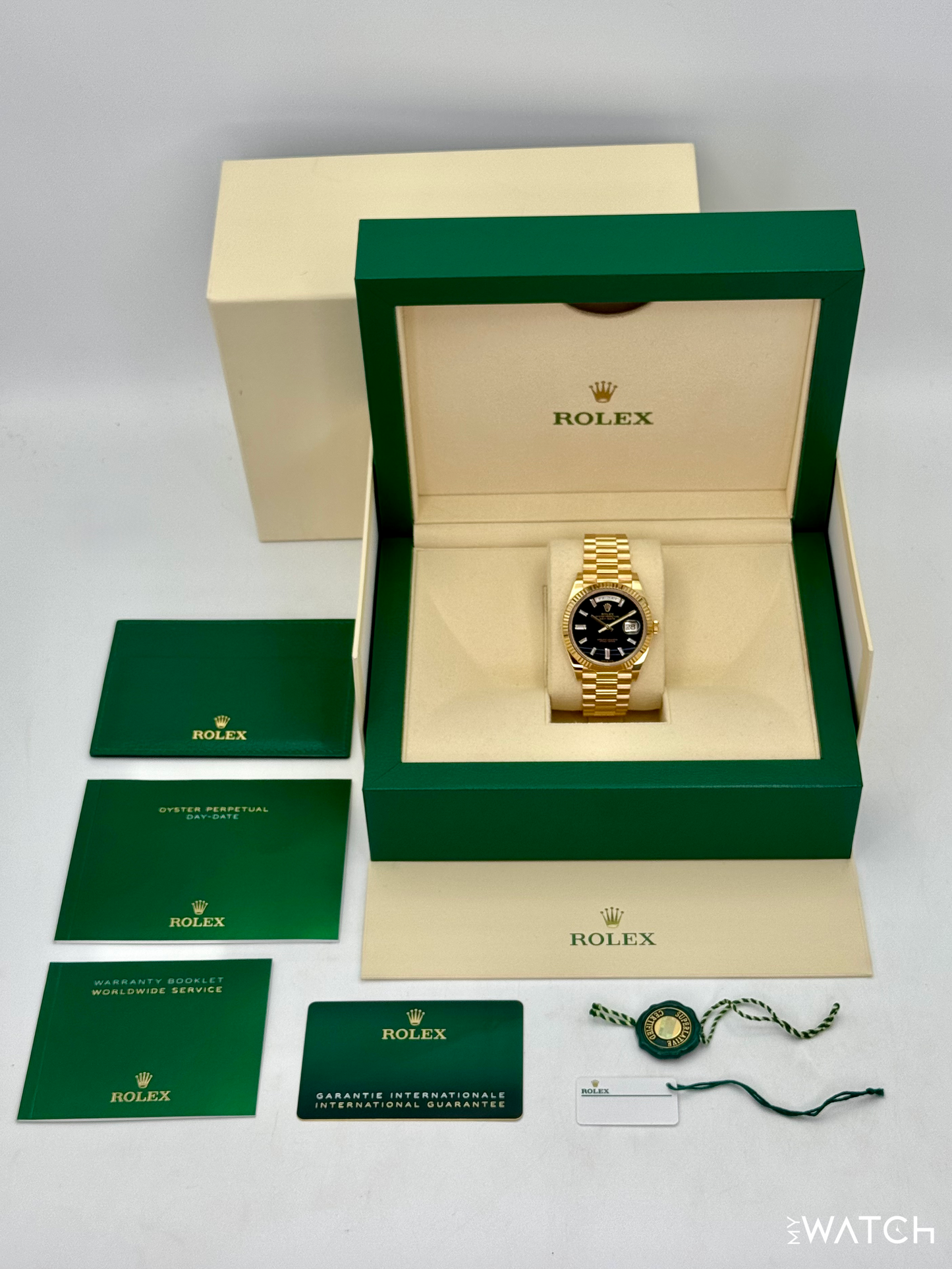 2022 Rolex Day-Date 40mm 228238 Yellow Gold Black Onyx Diamond Dial