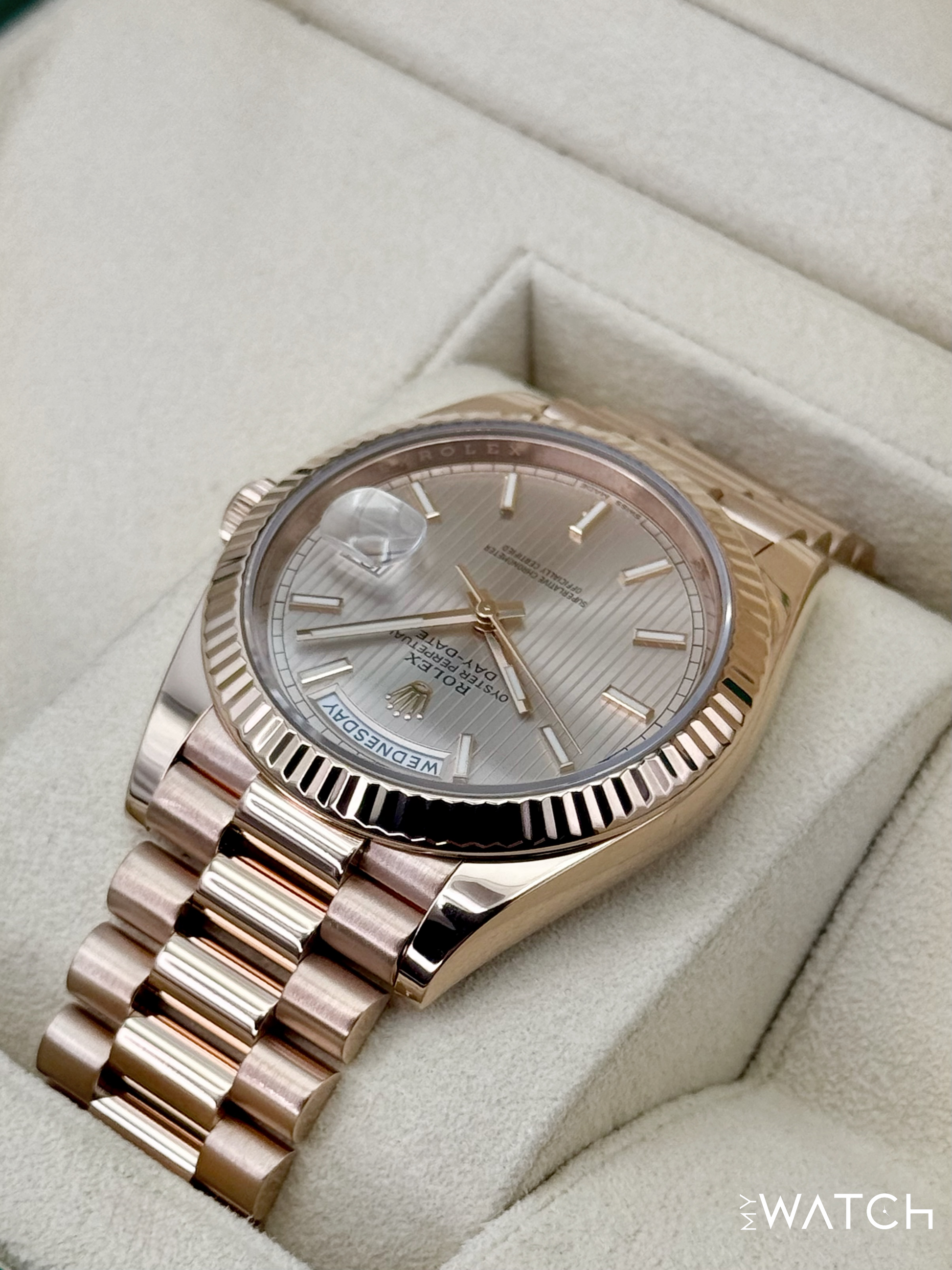 2018 Rolex Day-Date 40mm 228235 Presidential Rose Gold Stripe Motif Dial - MyWatchLLC