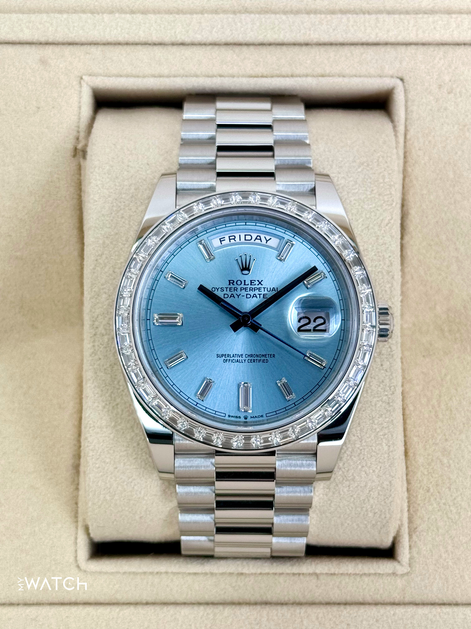 NEW 2024 Rolex Day-Date 40mm 228396TBR Ice Blue Diamond Baguette Dial - MyWatchLLC