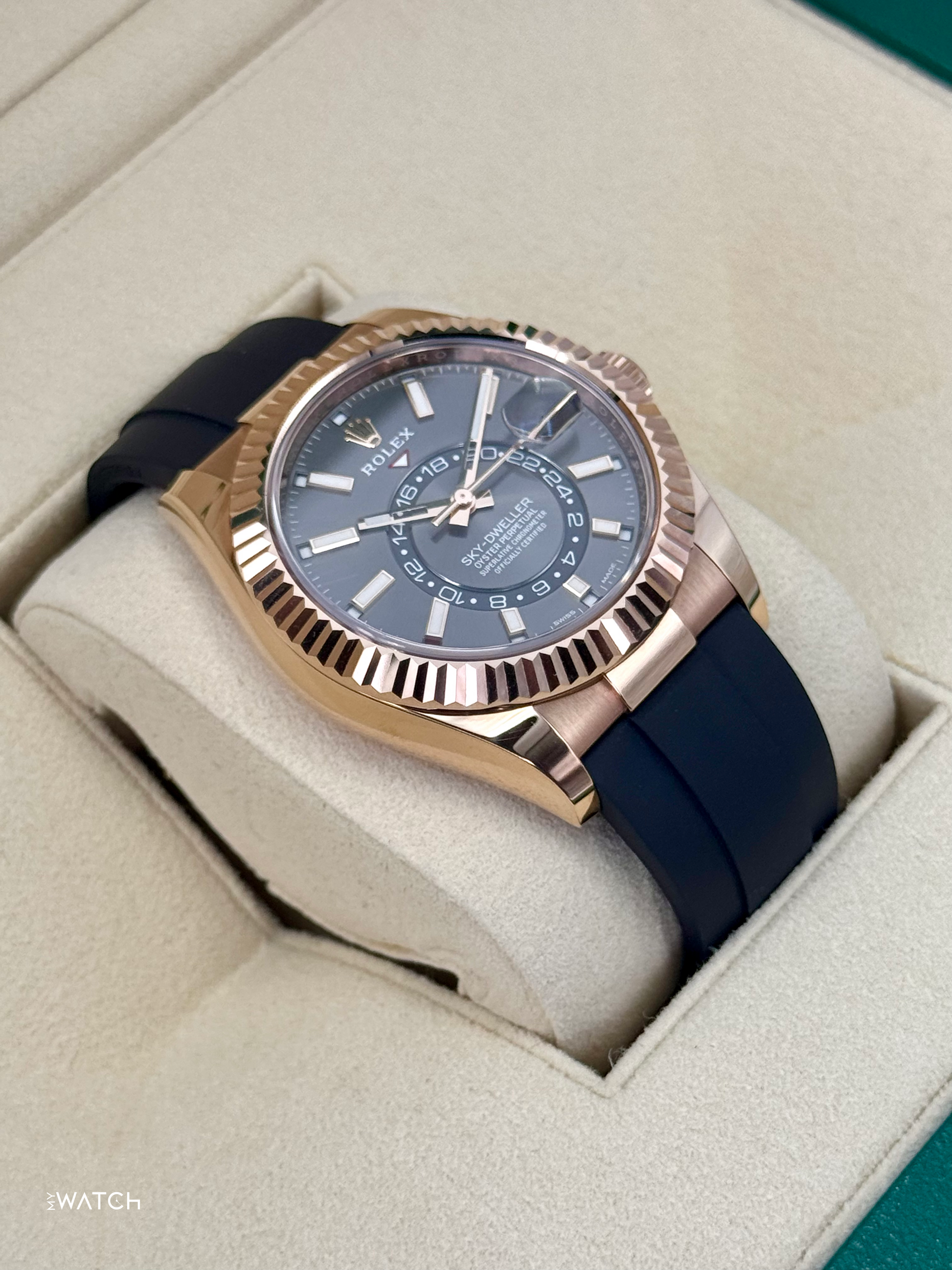 2022 Rolex Sky-Dweller 42mm 326235 Rose Gold Oysterflex Rhodium Dial - MyWatchLLC