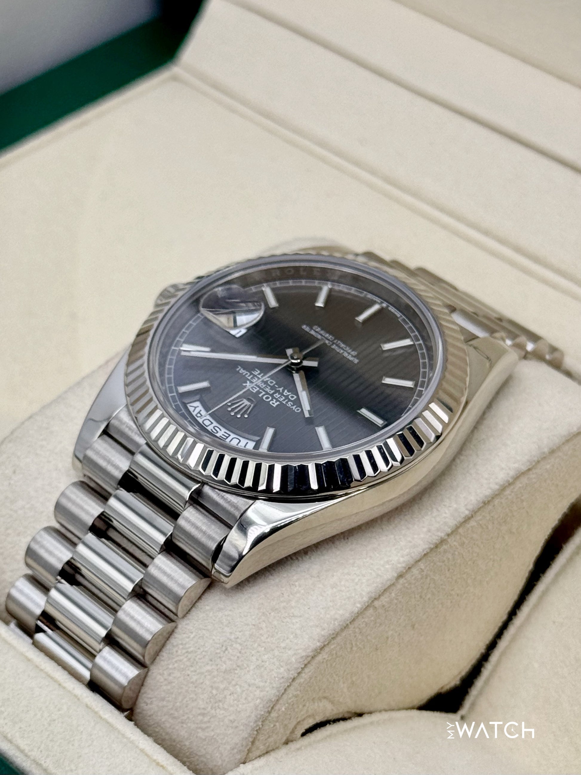 2020 Rolex Day-Date 40mm 228239 White Gold Rhodium Motif Dial - MyWatchLLC