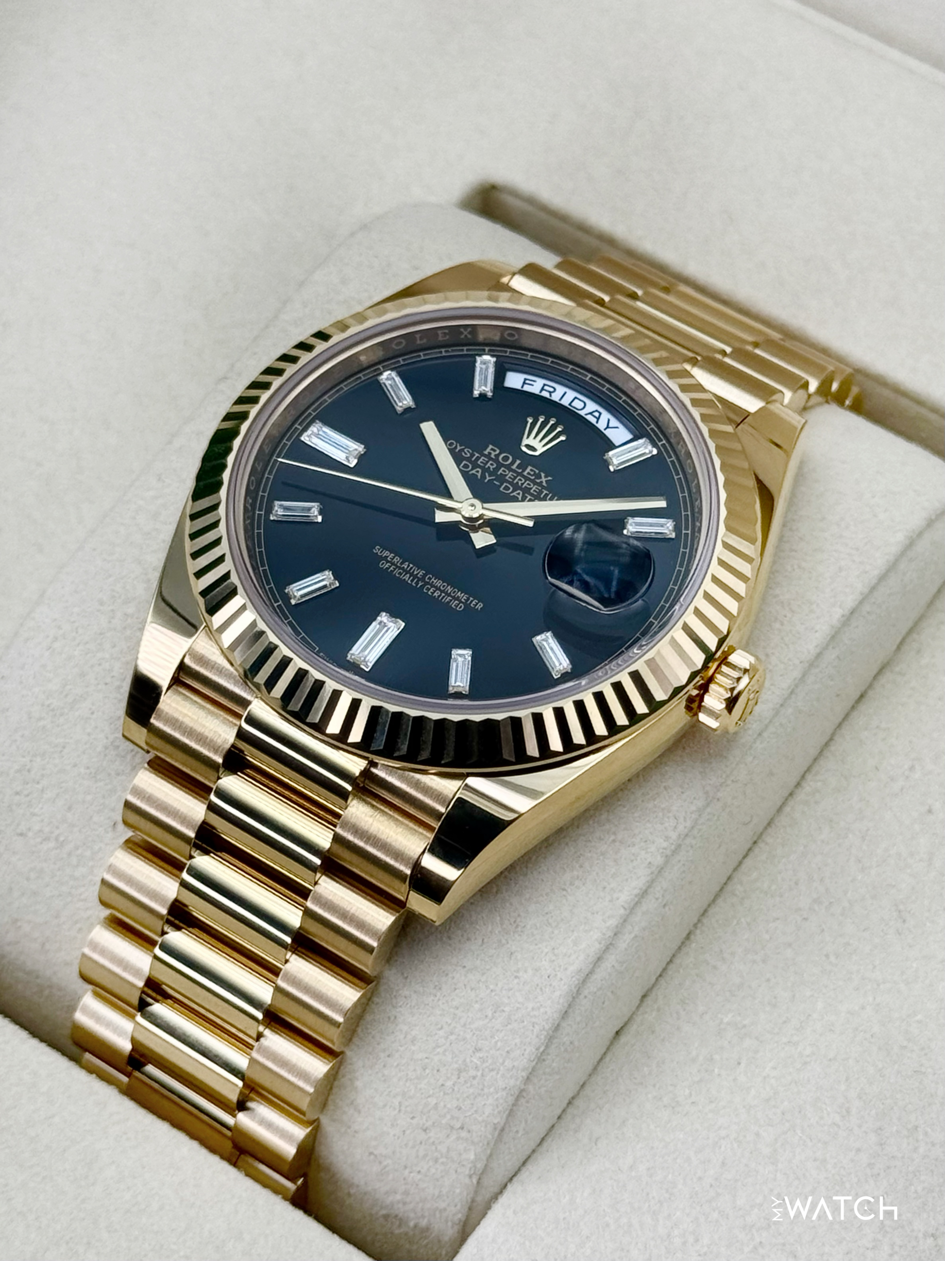 NEW 2026 Rolex Day-Date 40mm 228238 Yellow Gold Black Diamond Dial - MyWatchLLC
