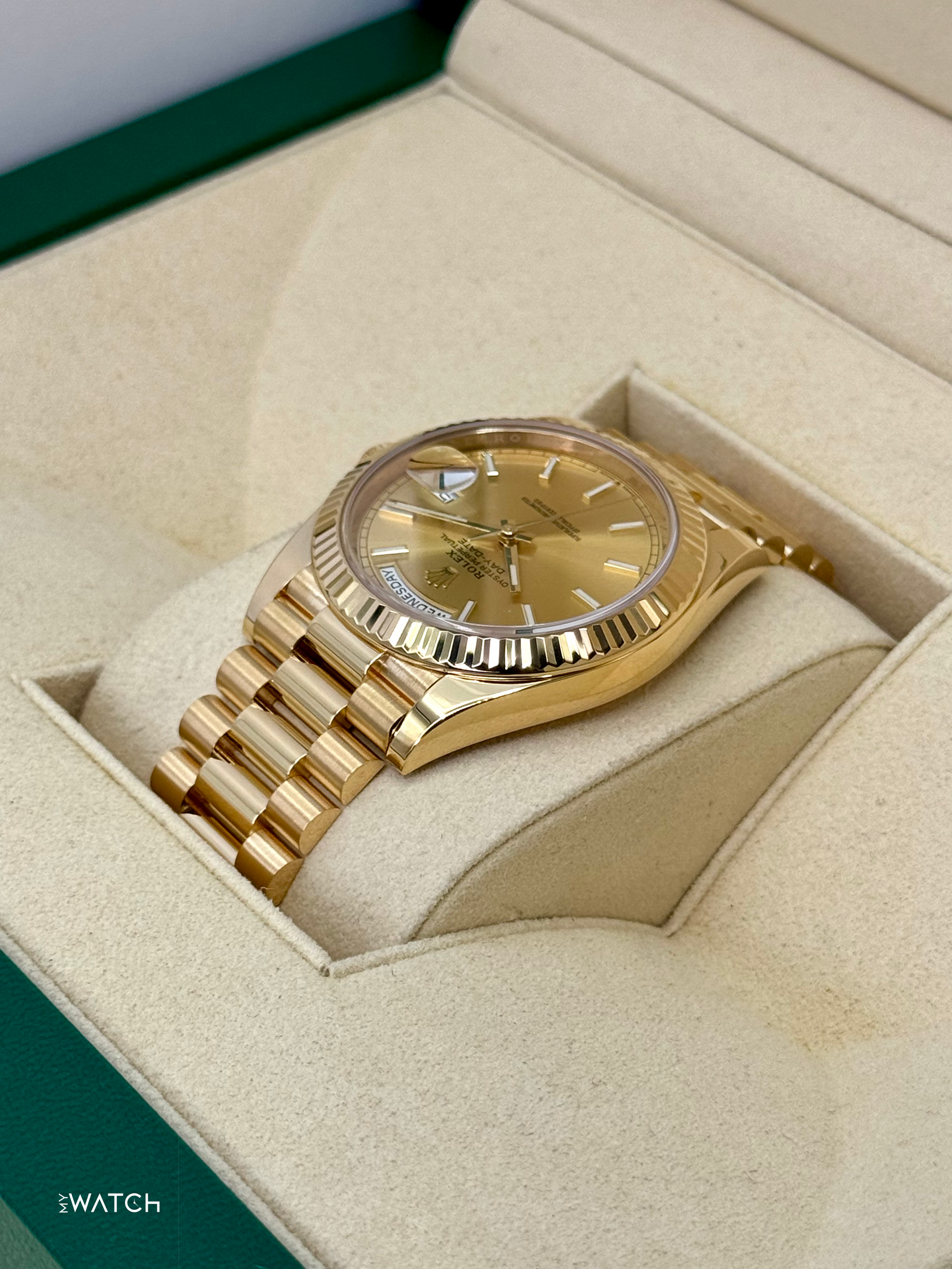 2020 Rolex Day-Date 40mm 228238 Champagne Stick Dial - MyWatchLLC