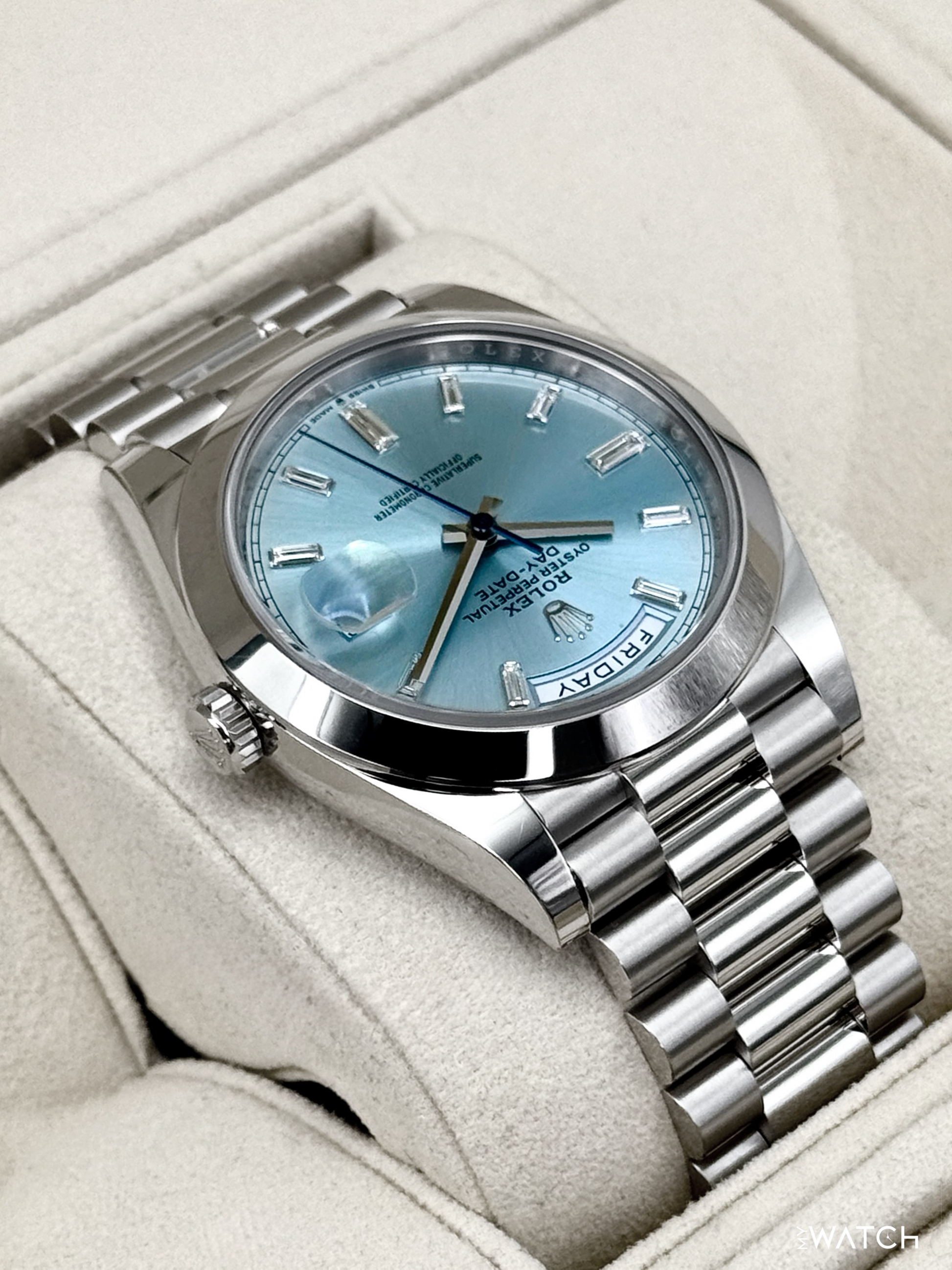 2021 Rolex Day-Date 40mm 228206 Platinum Ice Blue Diamond Dial - MyWatchLLC