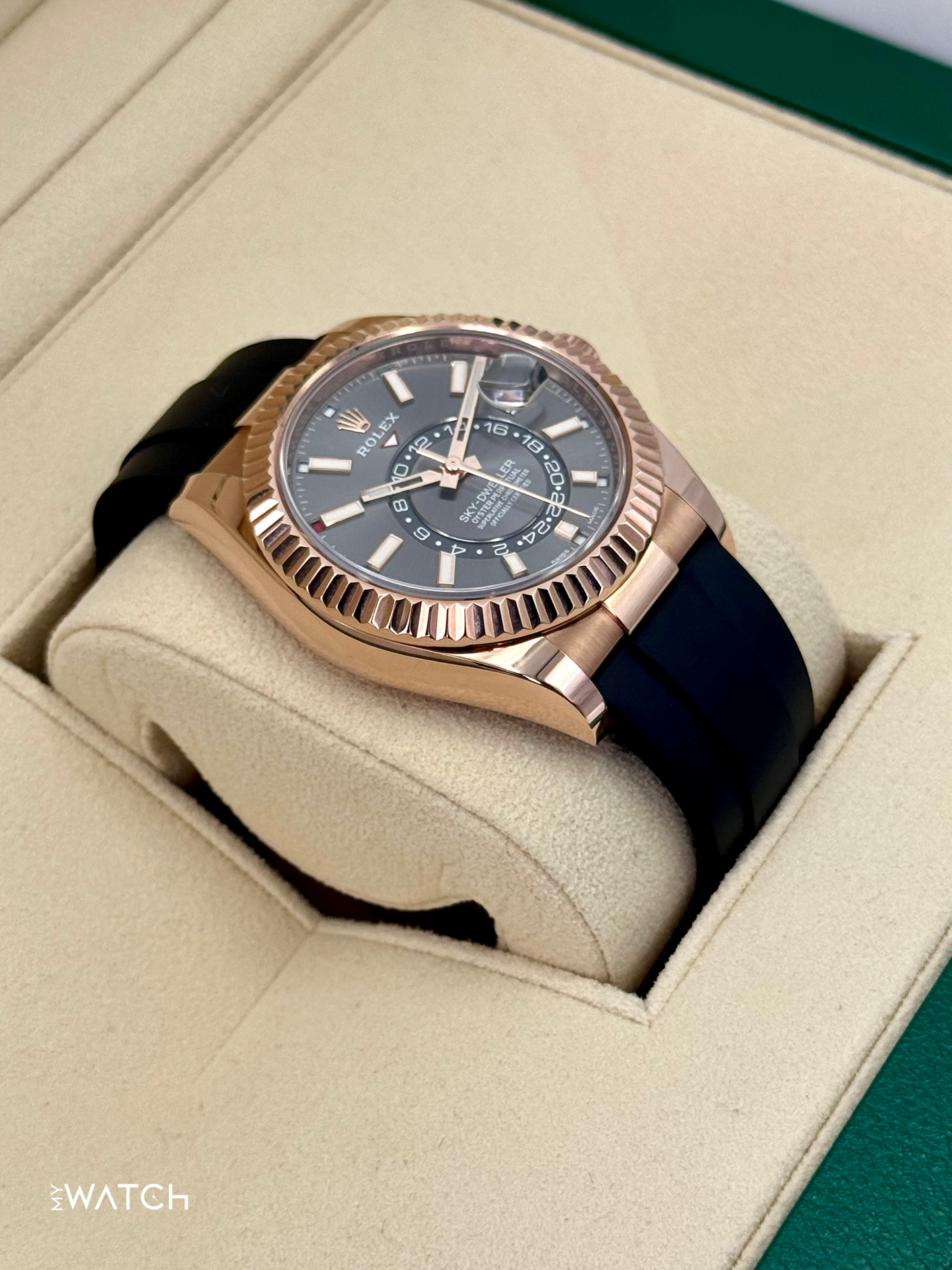 2021 Rolex Sky-Dweller 42mm 326235 Rose Gold Oysterflex Rhodium Dial - MyWatchLLC