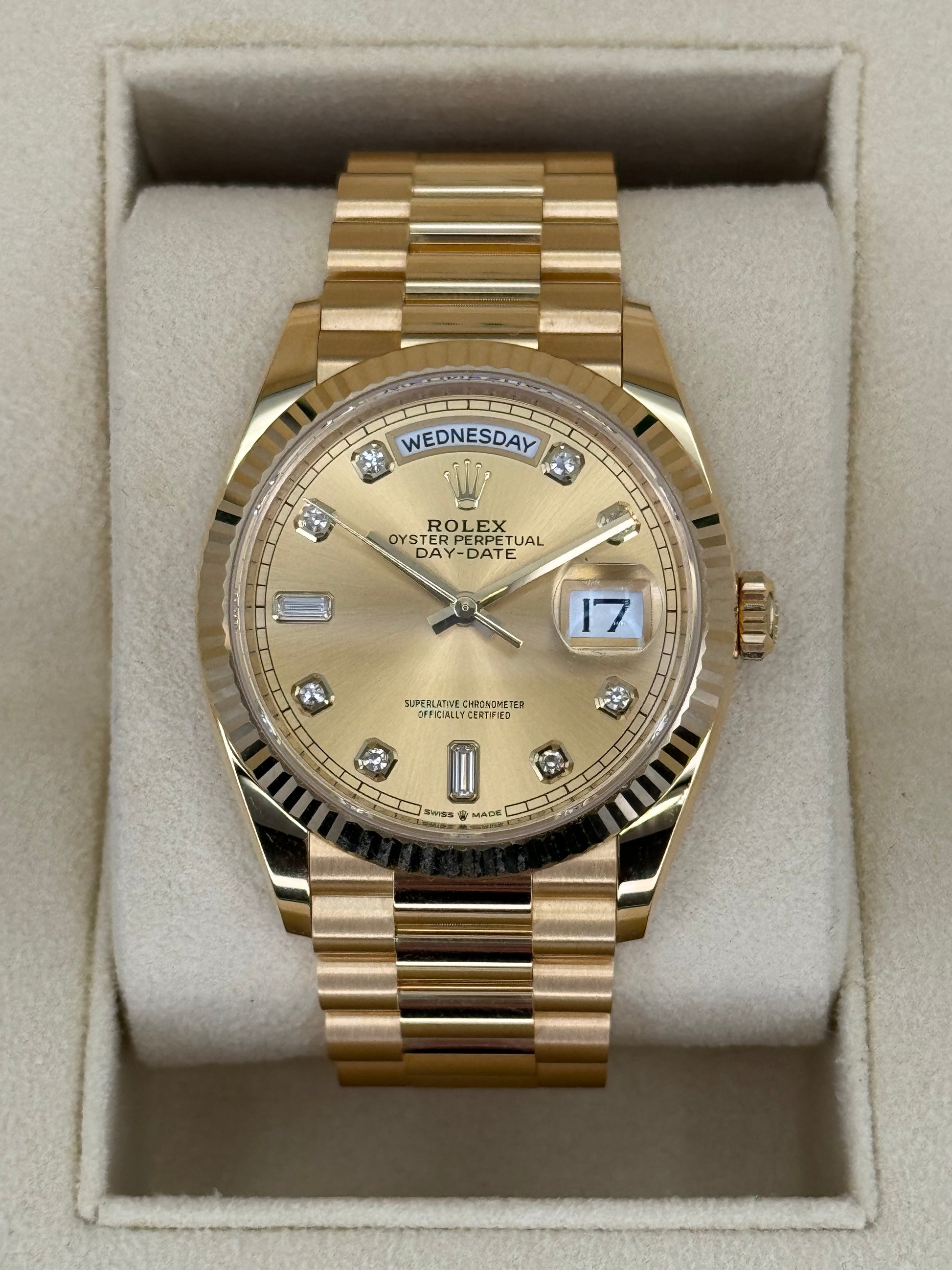 NEW 2023 Rolex Day-Date 36mm 128238 Presidential Champagne Diamond Dial - MyWatchLLC