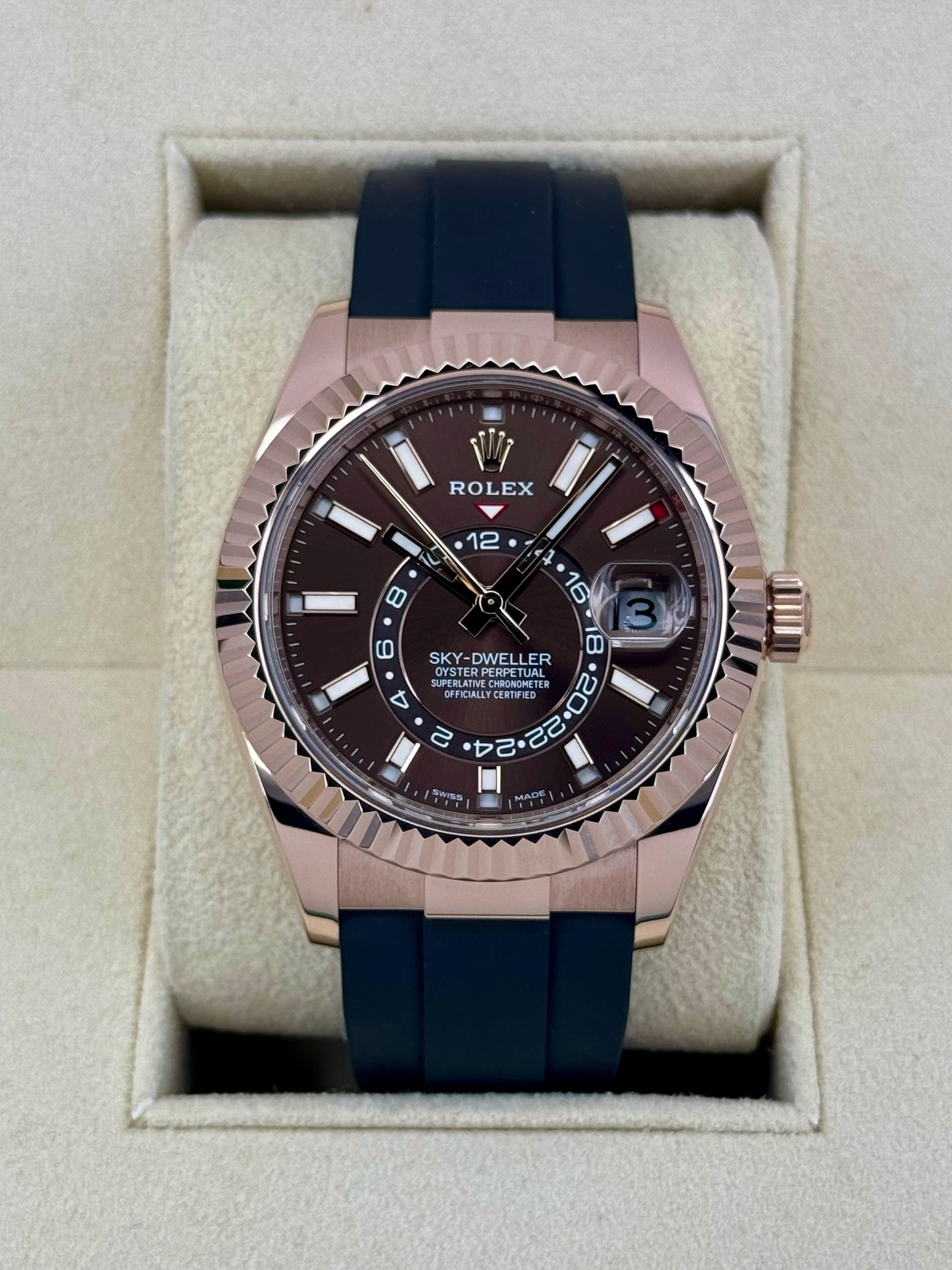 2022 Rolex Sky-Dweller 42mm 326235 Rose Gold Oysterflex Chocolate Dial - MyWatchLLC