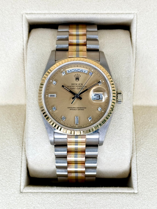 1985 Day-Date Rolex Tridor 36mm 18039B Jubilee Champagne Diamond Dial - MyWatchLLC