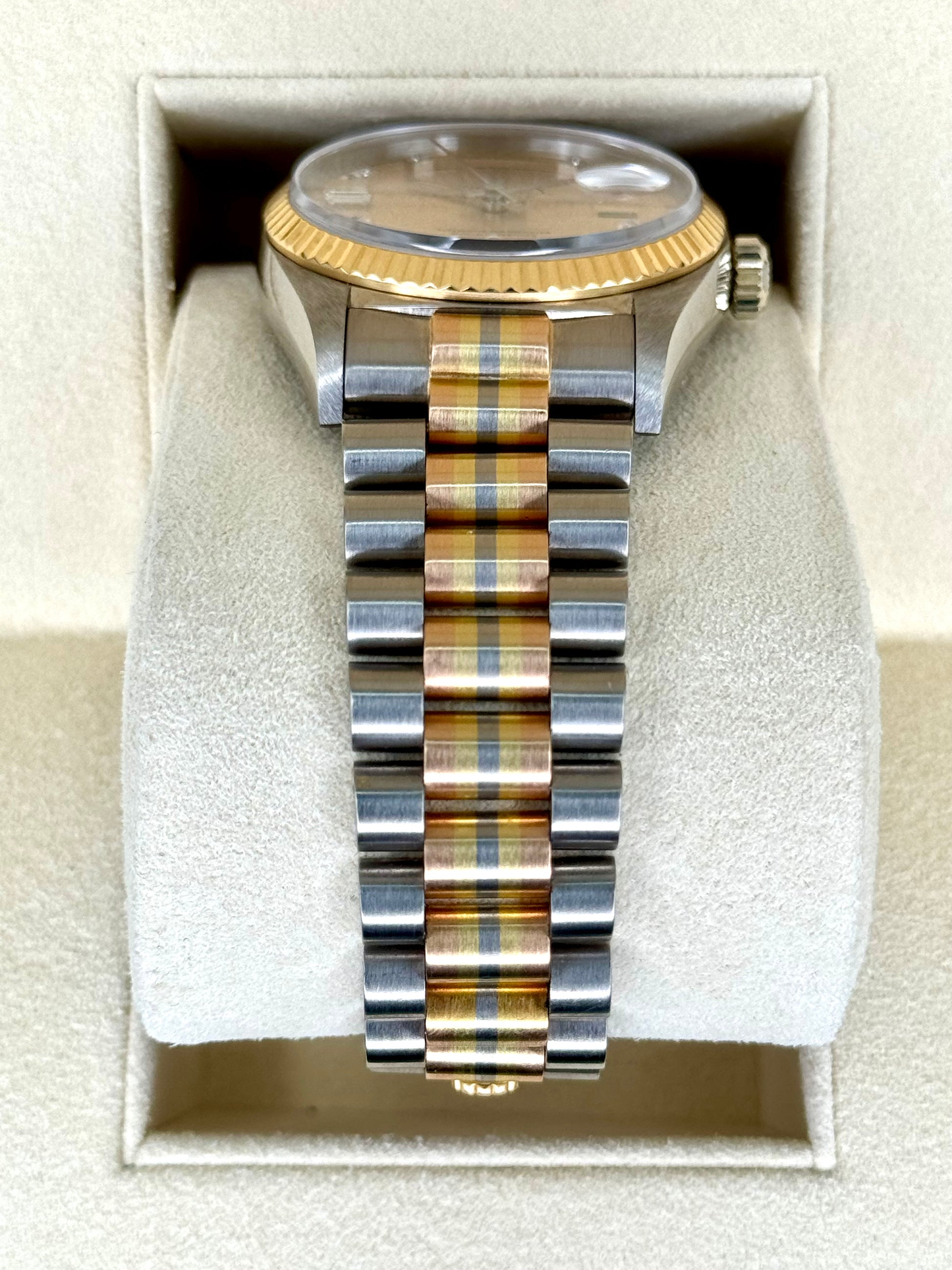 1985 Day-Date Rolex Tridor 36mm 18039B Jubilee Champagne Diamond Dial - MyWatchLLC