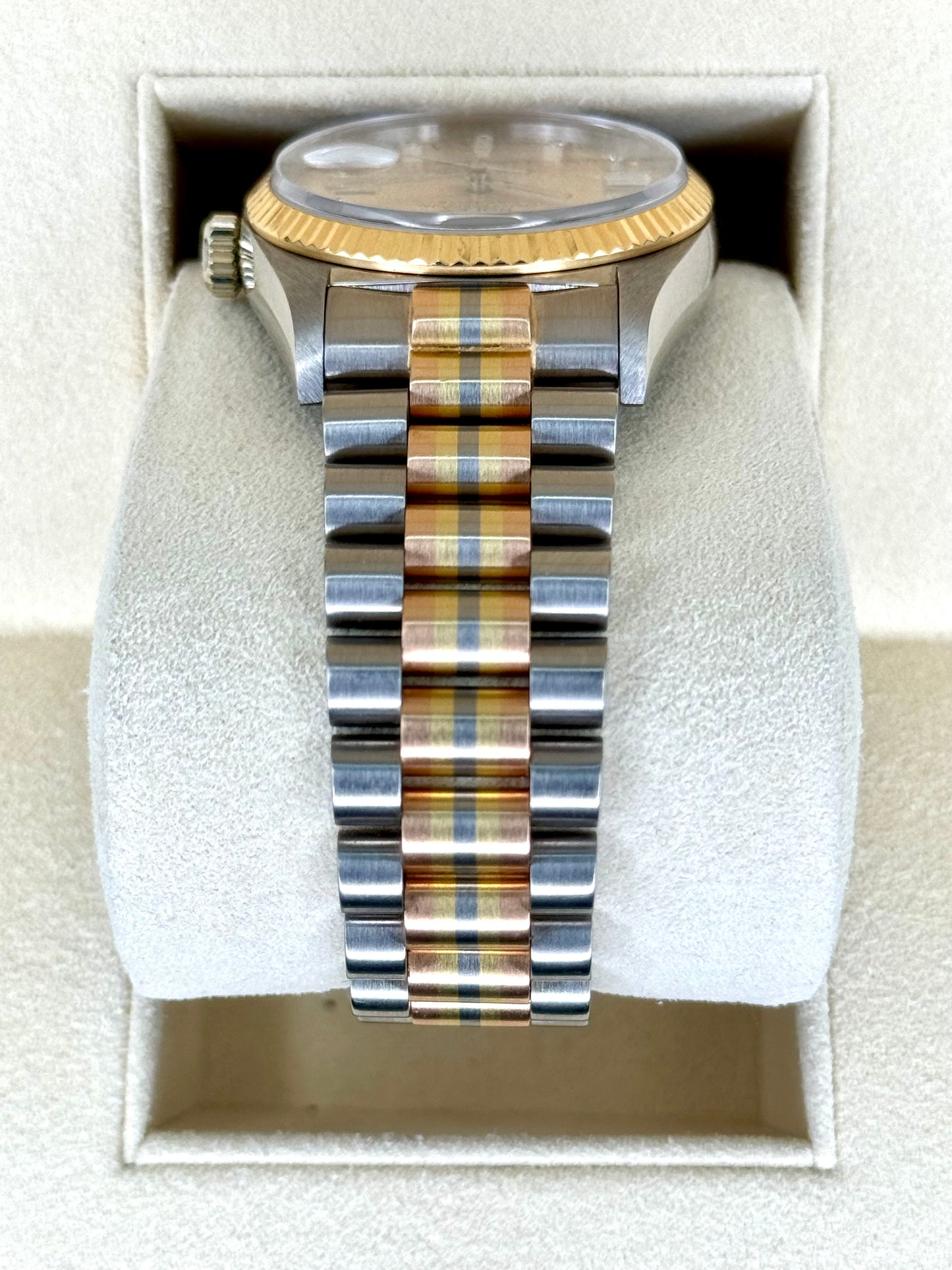 1985 Day-Date Rolex Tridor 36mm 18039B Jubilee Champagne Diamond Dial - MyWatchLLC