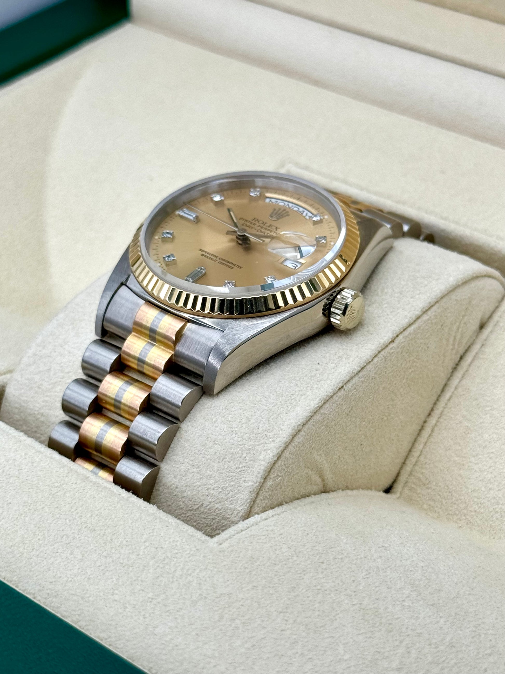 1985 Day-Date Rolex Tridor 36mm 18039B Jubilee Champagne Diamond Dial - MyWatchLLC