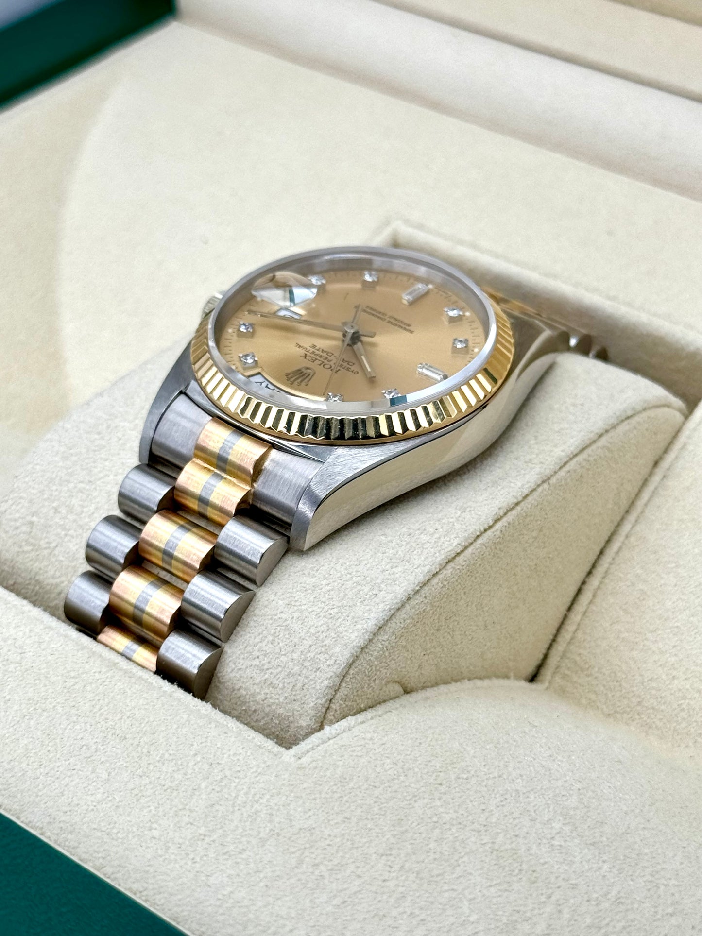 1985 Day-Date Rolex Tridor 36mm 18039B Jubilee Champagne Diamond Dial - MyWatchLLC