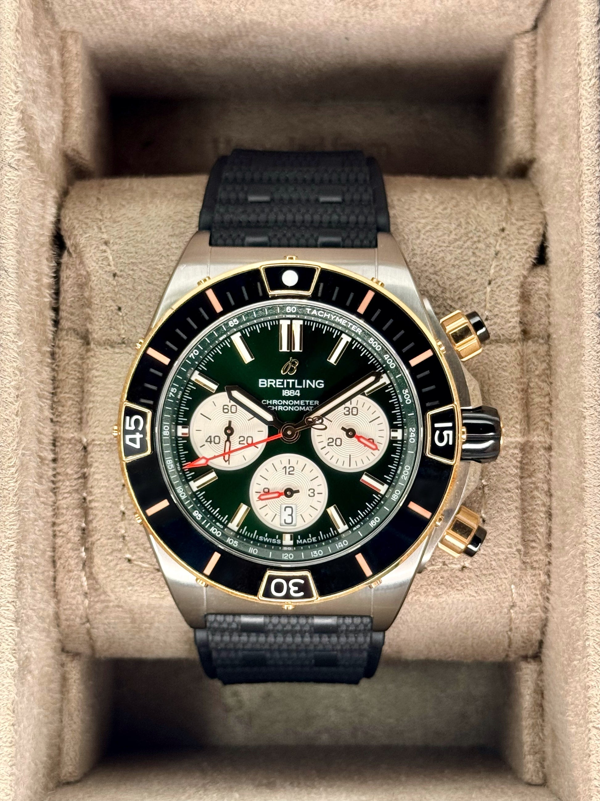 2024 Breitling Super Chronomat B01 44 UB0136 Two-Tone Green Dial - MyWatchLLC