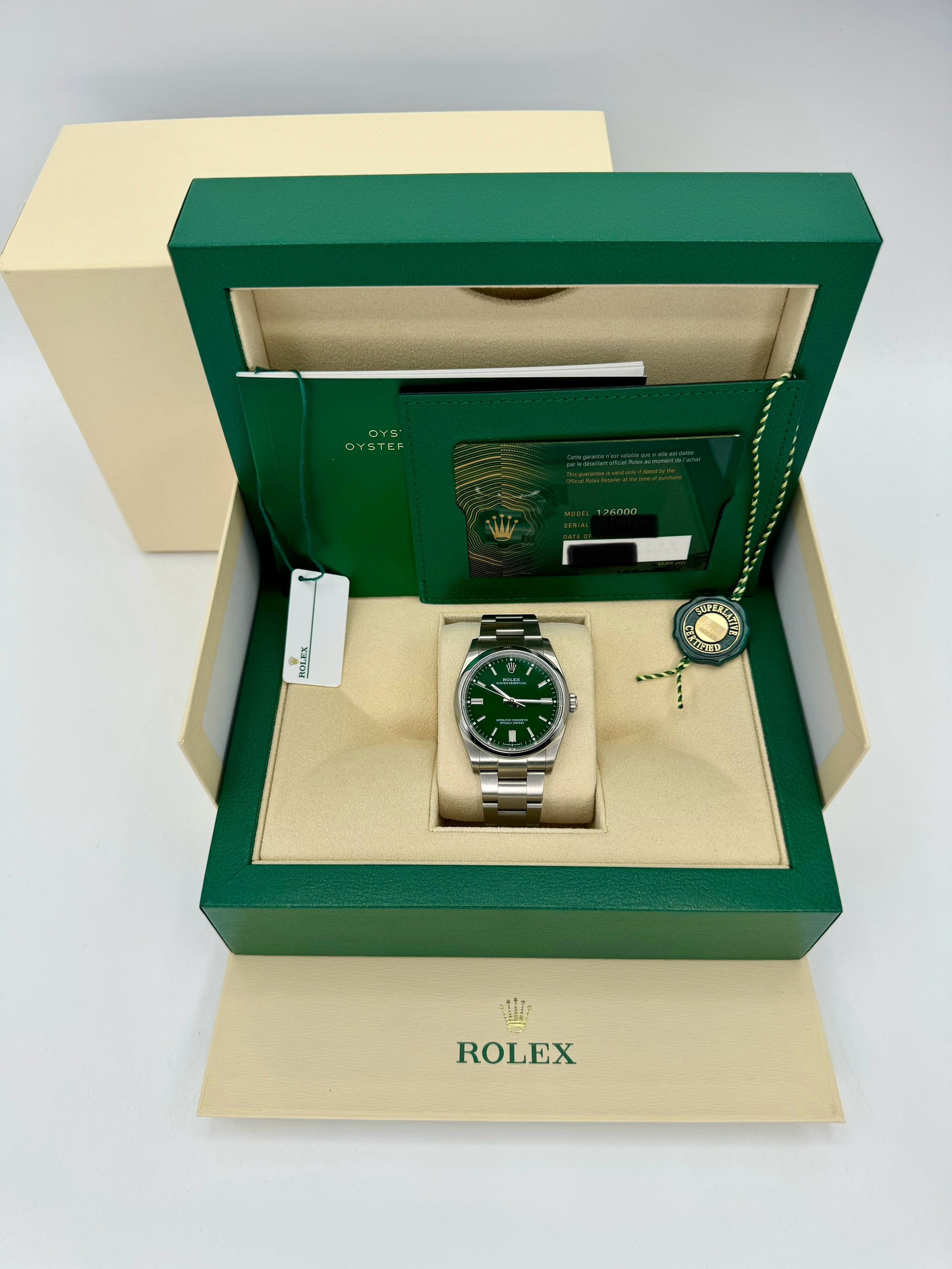 NEW 2023 Rolex Oyster Perpetual 36mm 126000 Stainless Steel Green Dial - MyWatchLLC