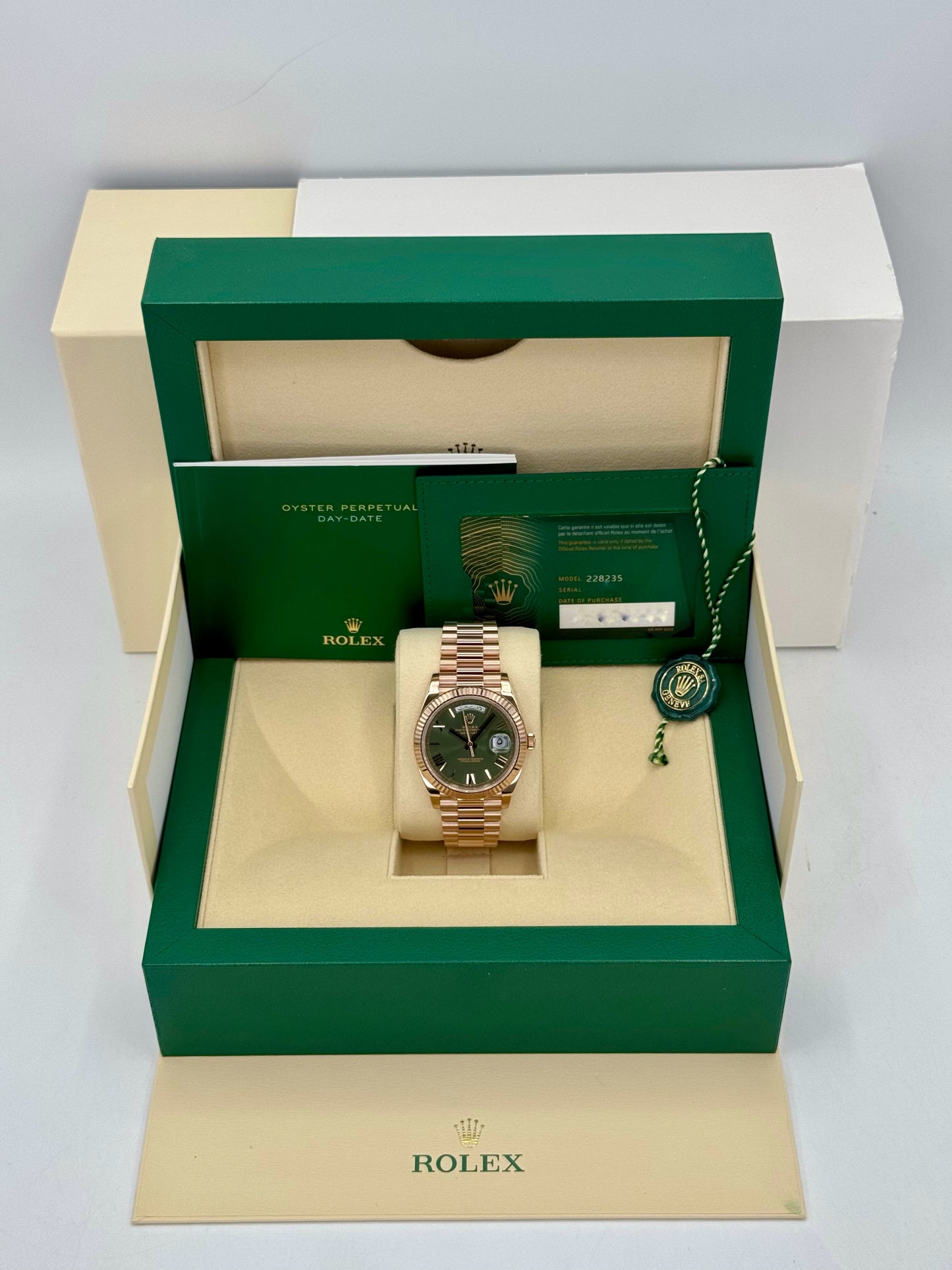 2022 Rolex Day-Date 40mm 228235 Rose Gold Olive Dial Arabic Calendar