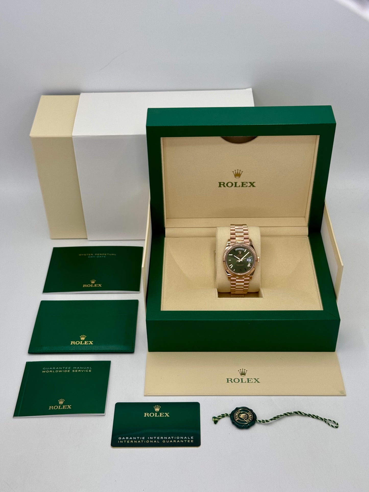 2022 Rolex Day-Date 40mm 228235 Rose Gold Olive Dial Arabic Calendar