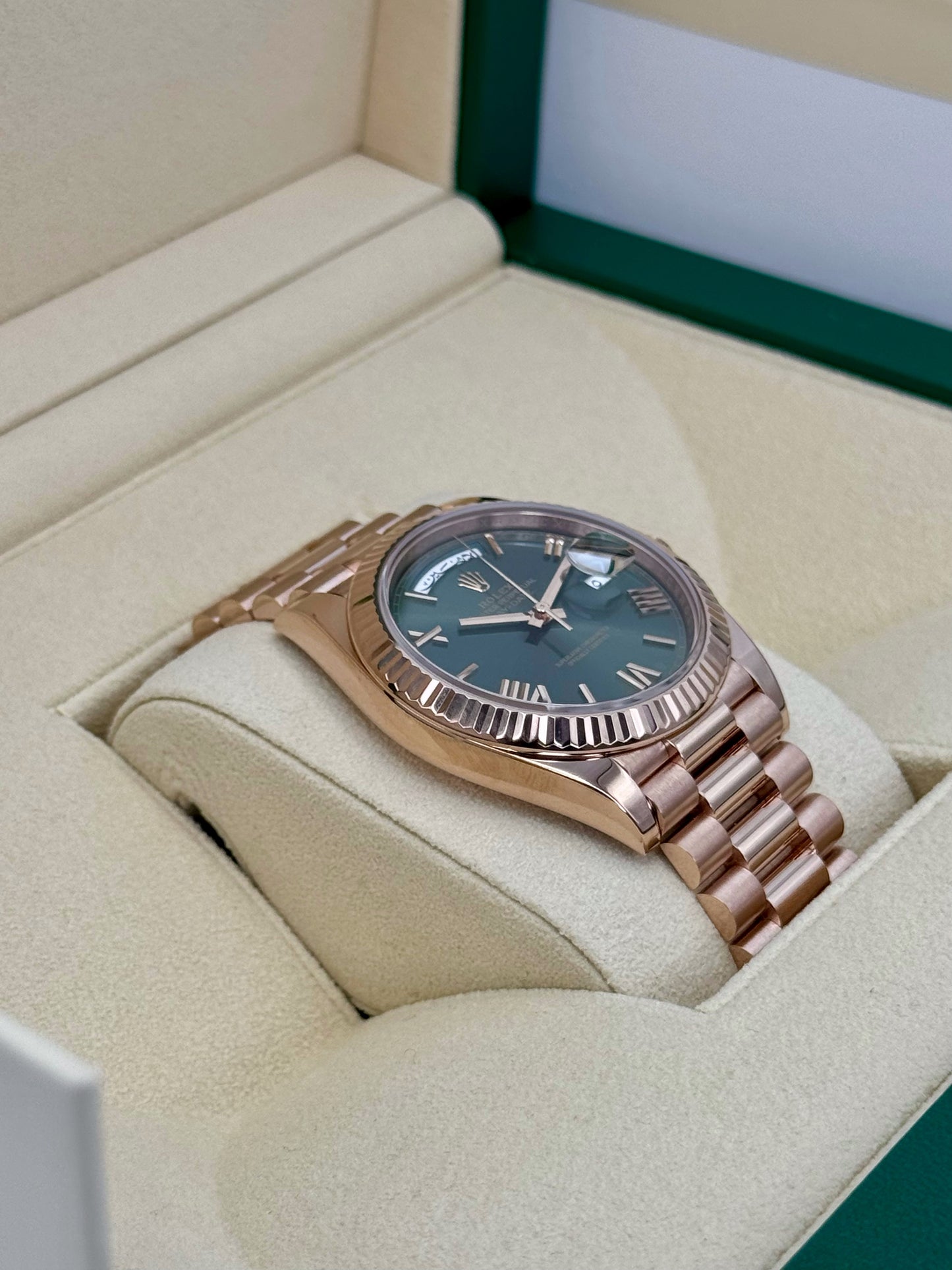 2022 Rolex Day-Date 40mm 228235 Rose Gold Olive Dial Arabic Calendar