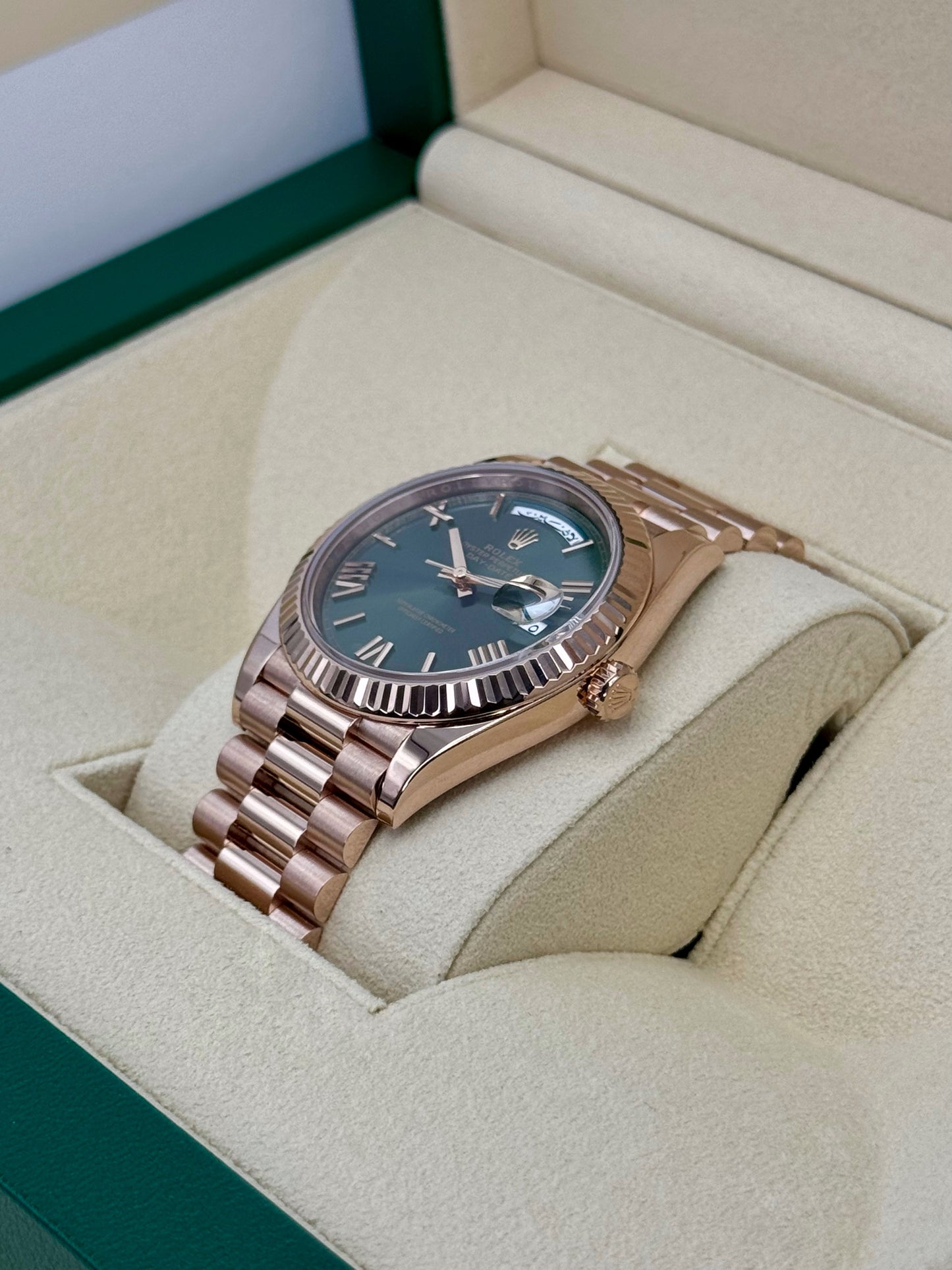2022 Rolex Day-Date 40mm 228235 Rose Gold Olive Dial Arabic Calendar