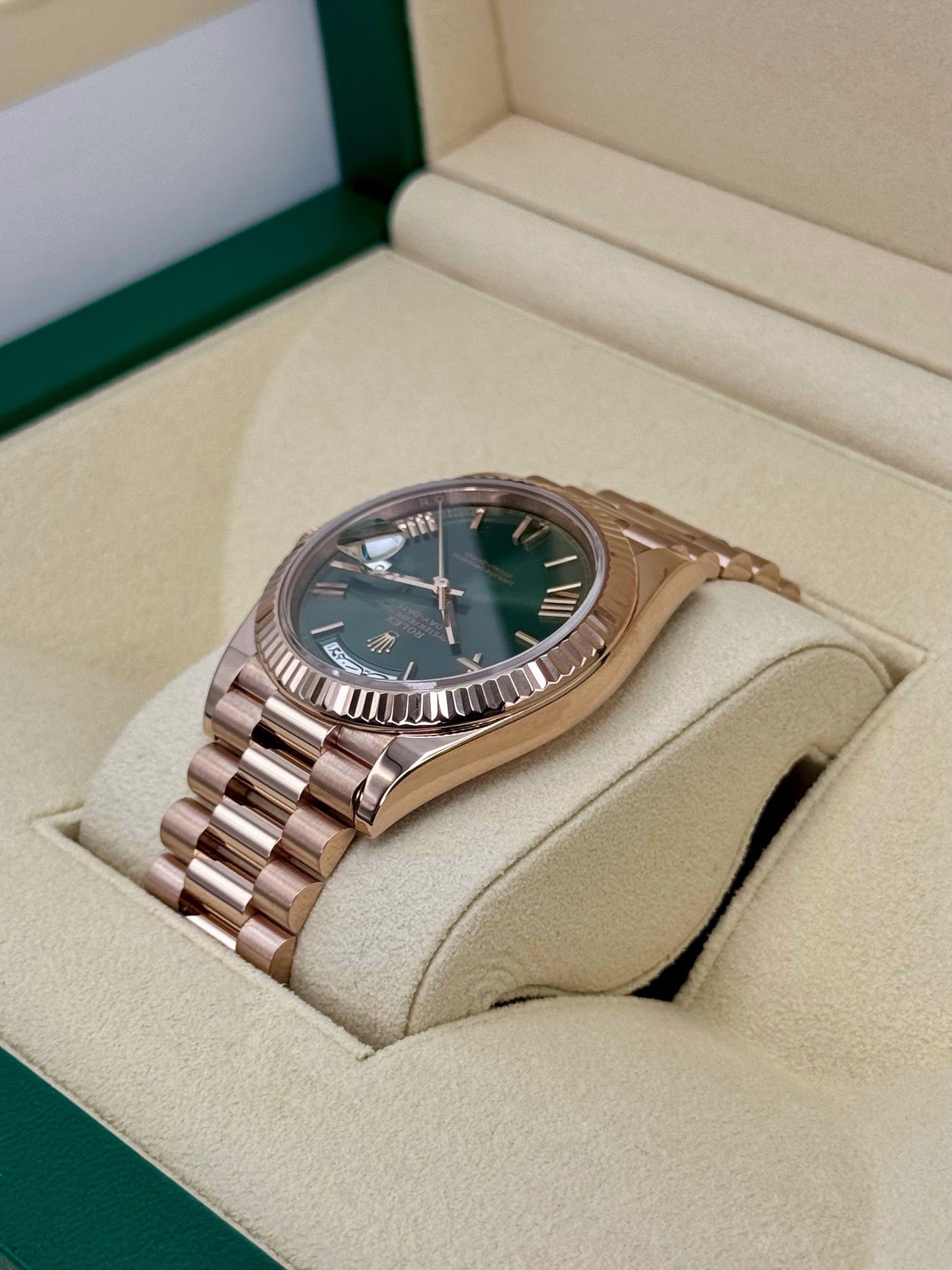 2022 Rolex Day-Date 40mm 228235 Rose Gold Olive Dial Arabic Calendar