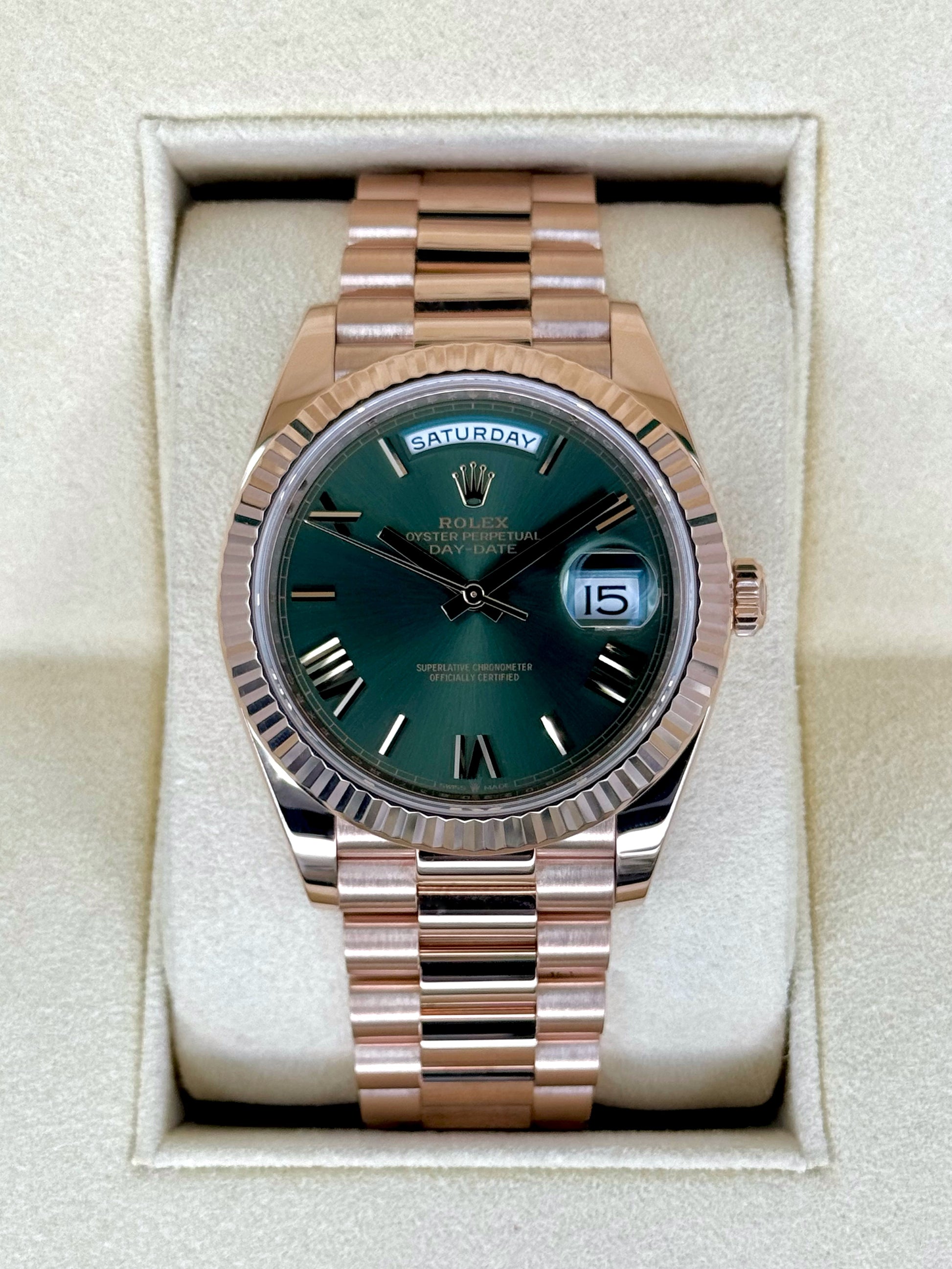 2019 Rolex Day-Date 40mm 228235 Presidential Rose Gold Olive Dial - MyWatchLLC