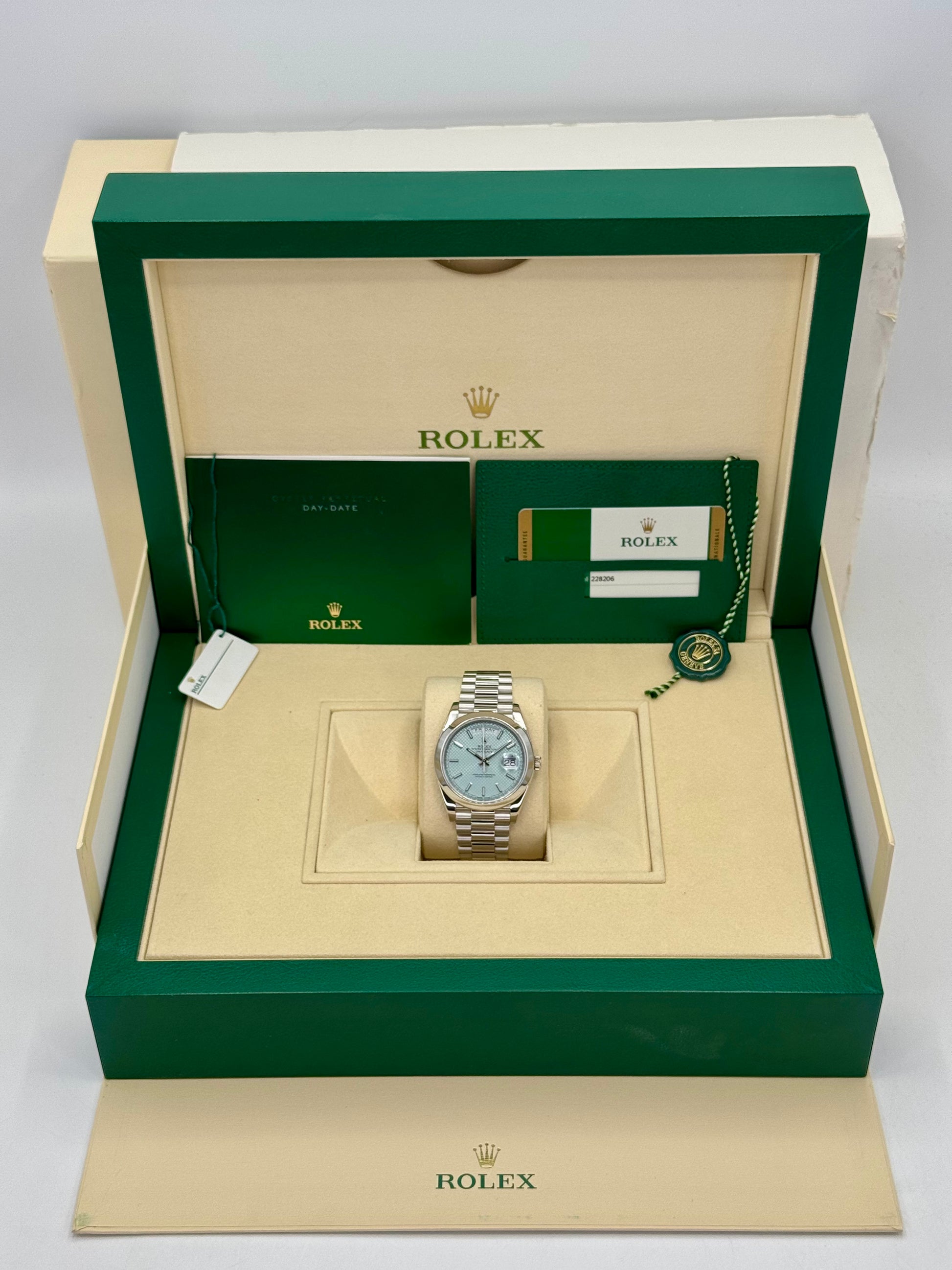 2018 Rolex Day-Date 40mm 228206 Platinum Blue Motif Dial - MyWatchLLC