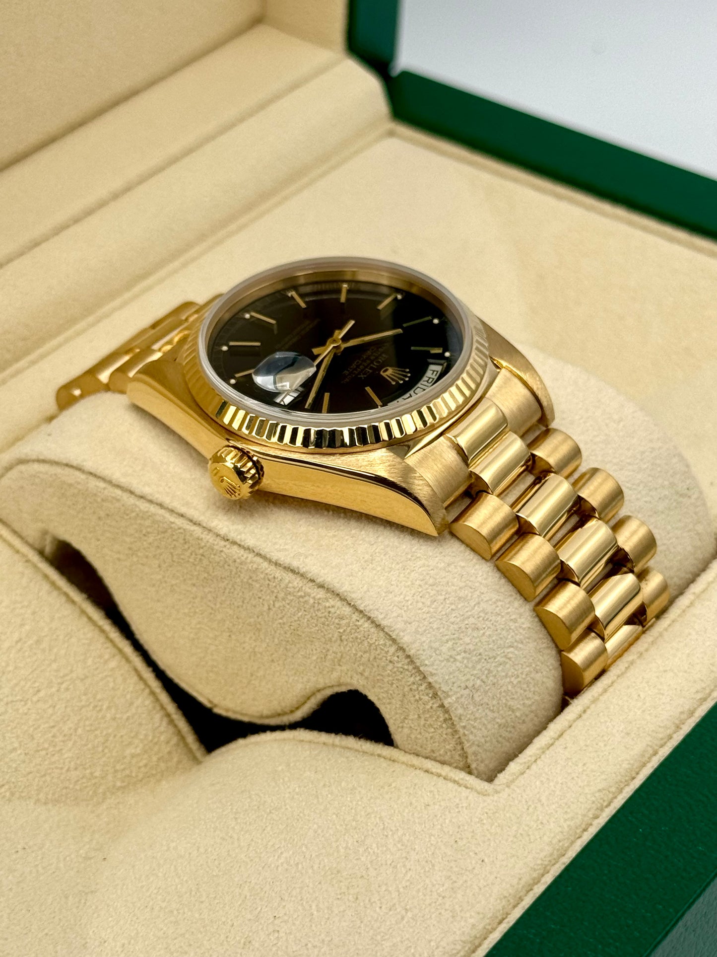 1981 Rolex Day-Date 36mm 18038 Presidential Black Dial - MyWatchLLC