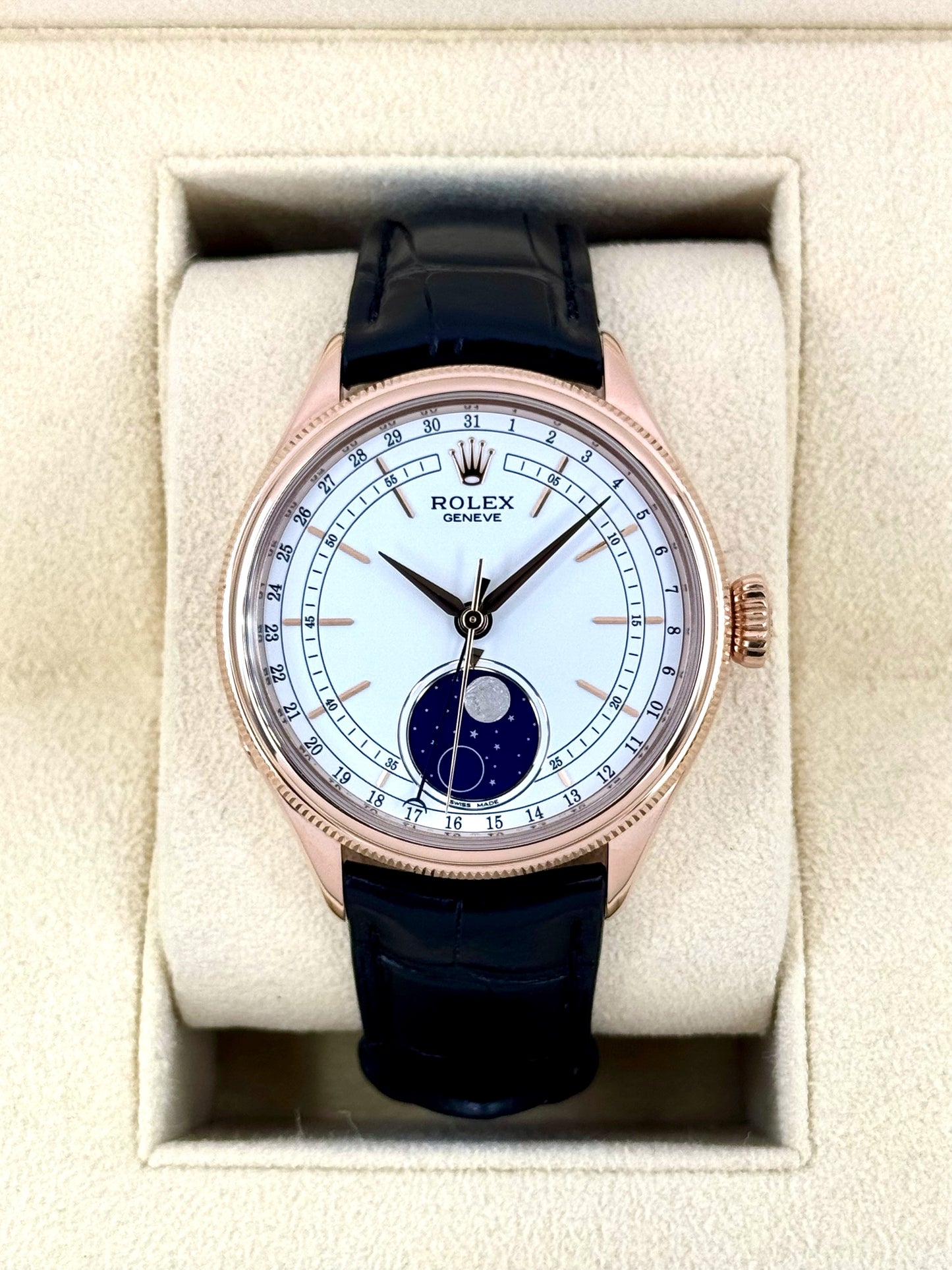 2018 Rolex Cellini Moonphase 39mm 50535 Rose Gold White Dial
