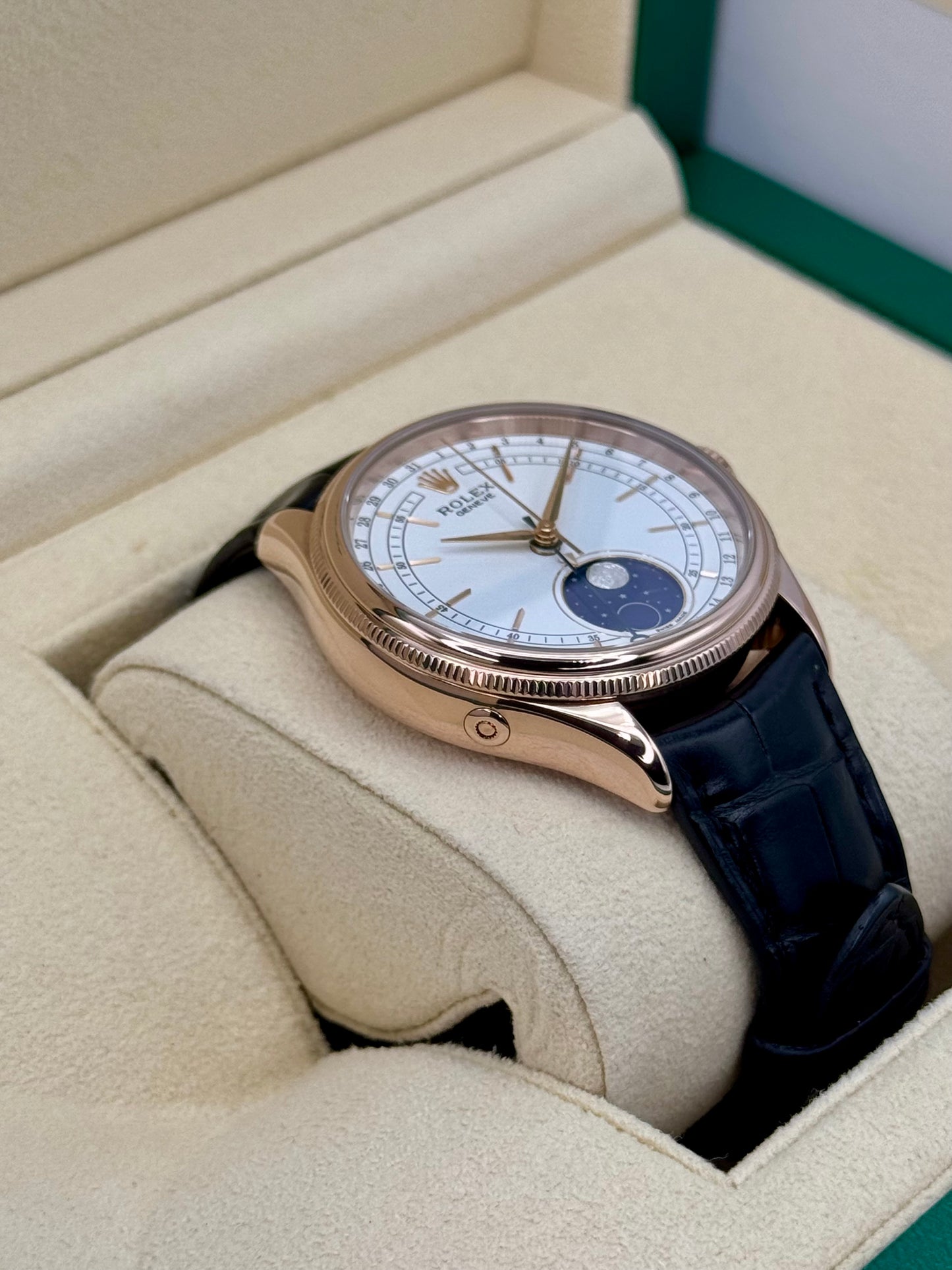 2018 Rolex Cellini Moonphase 39mm 50535 Rose Gold White Dial