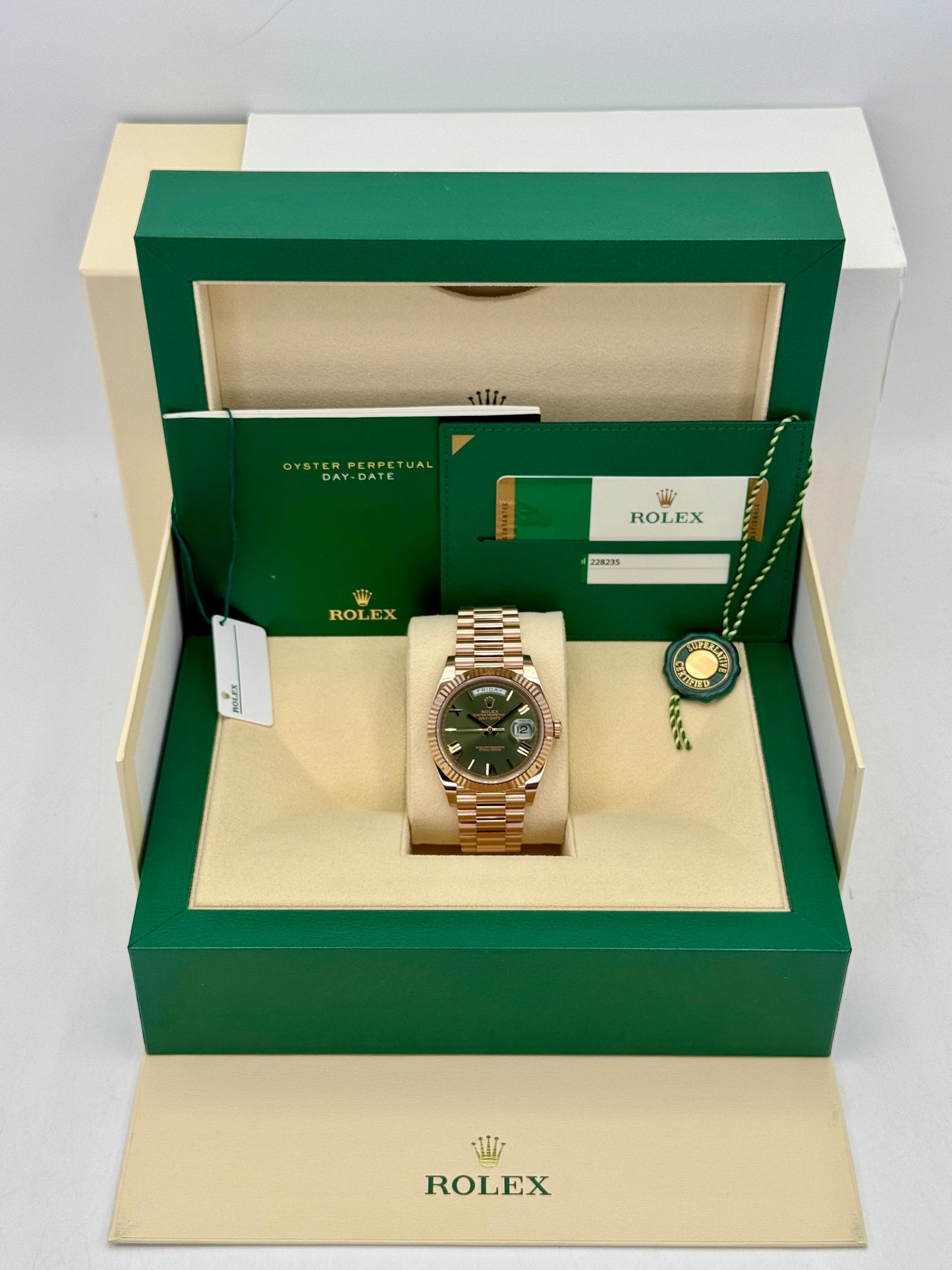 2017 Rolex Day-Date 40mm 228235 Presidential Rose Gold Olive Dial