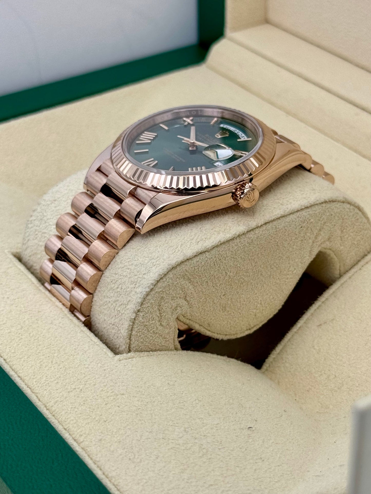 2022 Rolex Day-Date 40mm 228235 Presidential Rose Gold Olive Dial