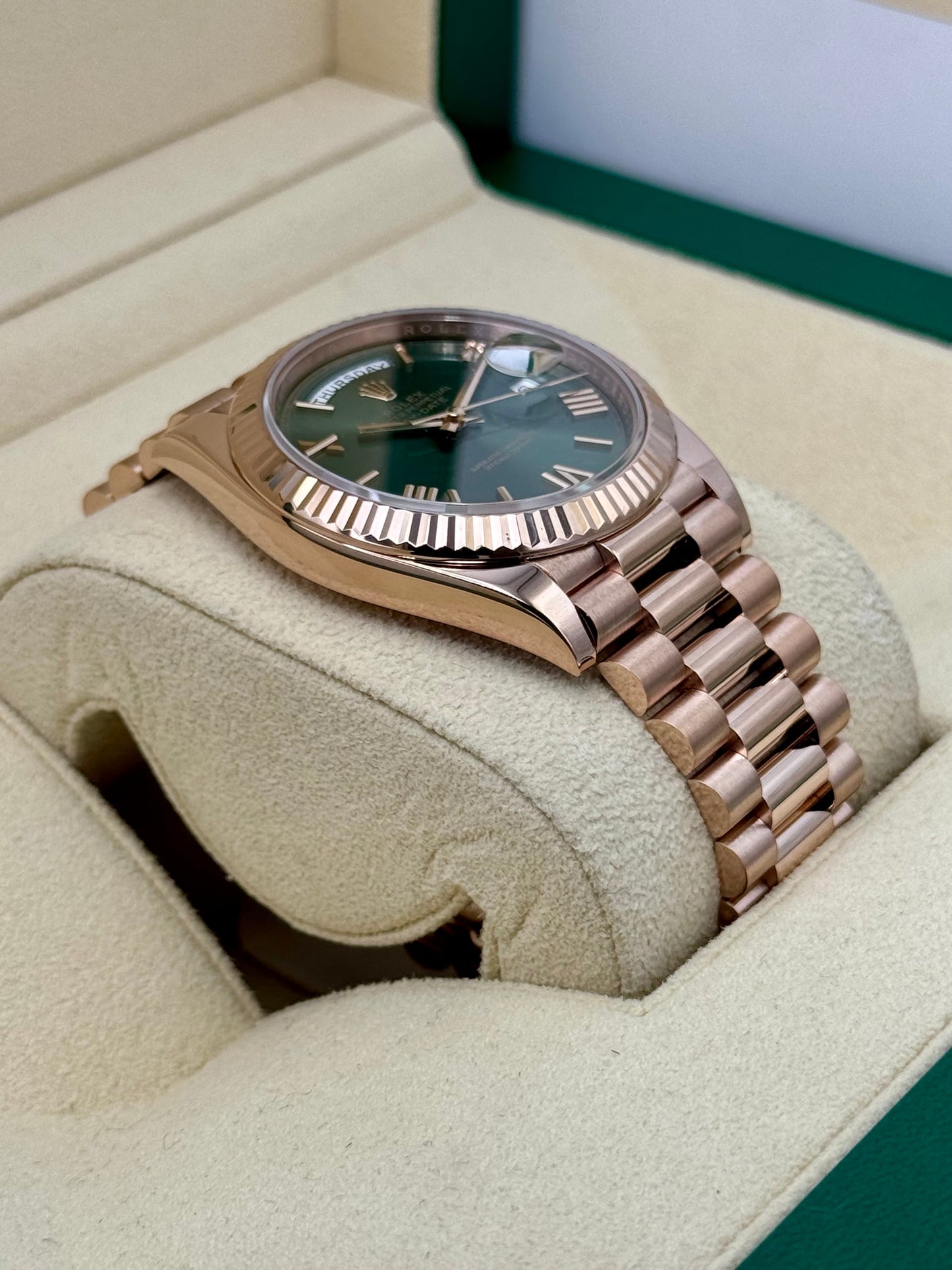 2022 Rolex Day-Date 40mm 228235 Presidential Rose Gold Olive Dial