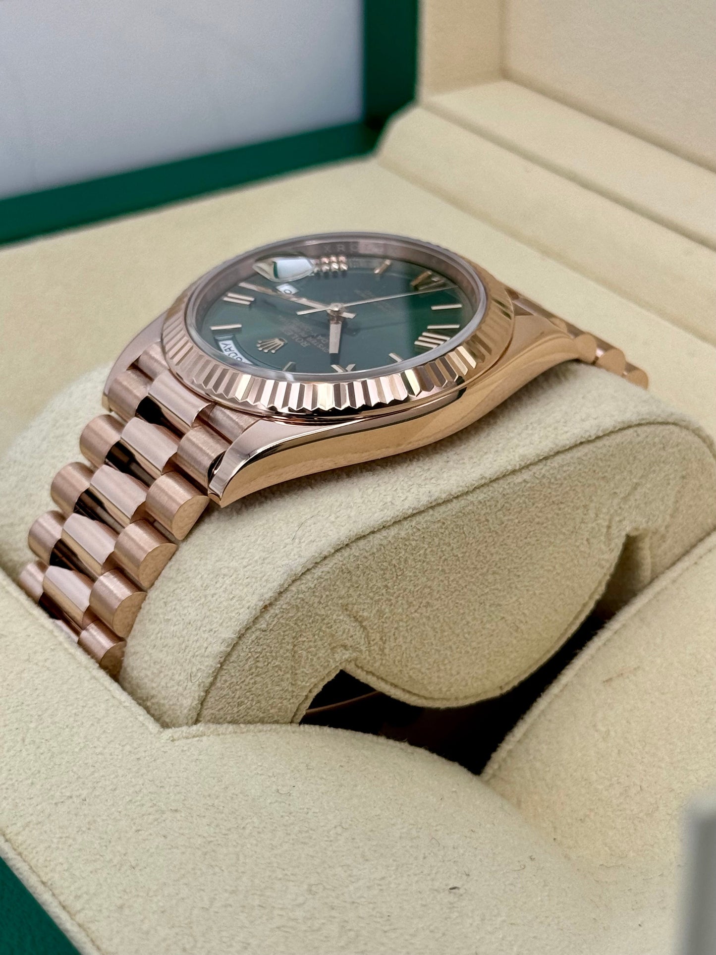 2022 Rolex Day-Date 40mm 228235 Presidential Rose Gold Olive Dial