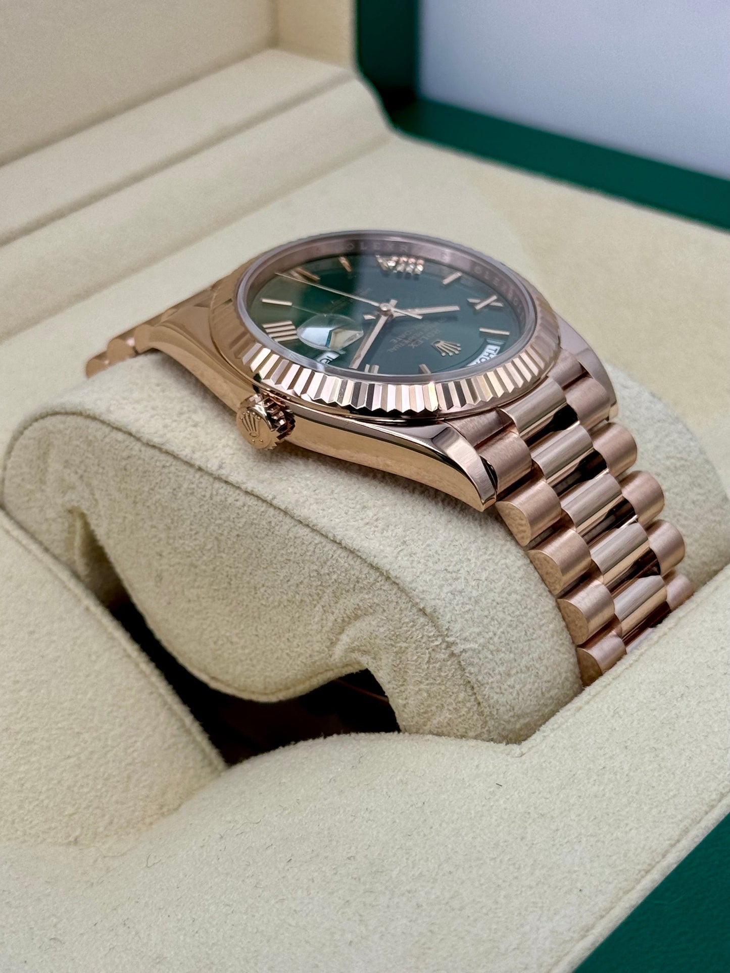 2022 Rolex Day-Date 40mm 228235 Presidential Rose Gold Olive Dial