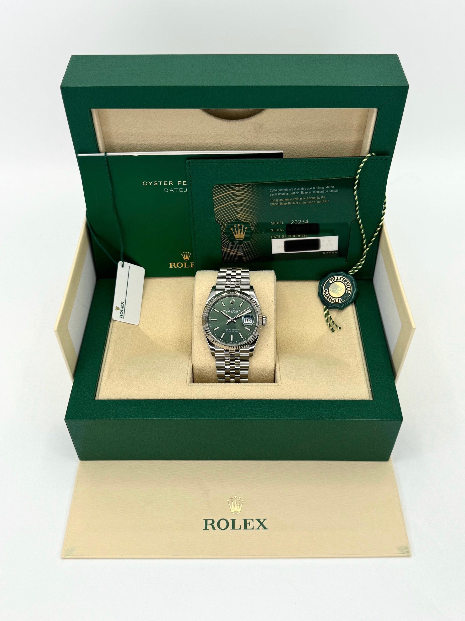 NEW 2024 Rolex Datejust 36mm 126234 Stainless Steel Jubilee Green Dial - MyWatchLLC