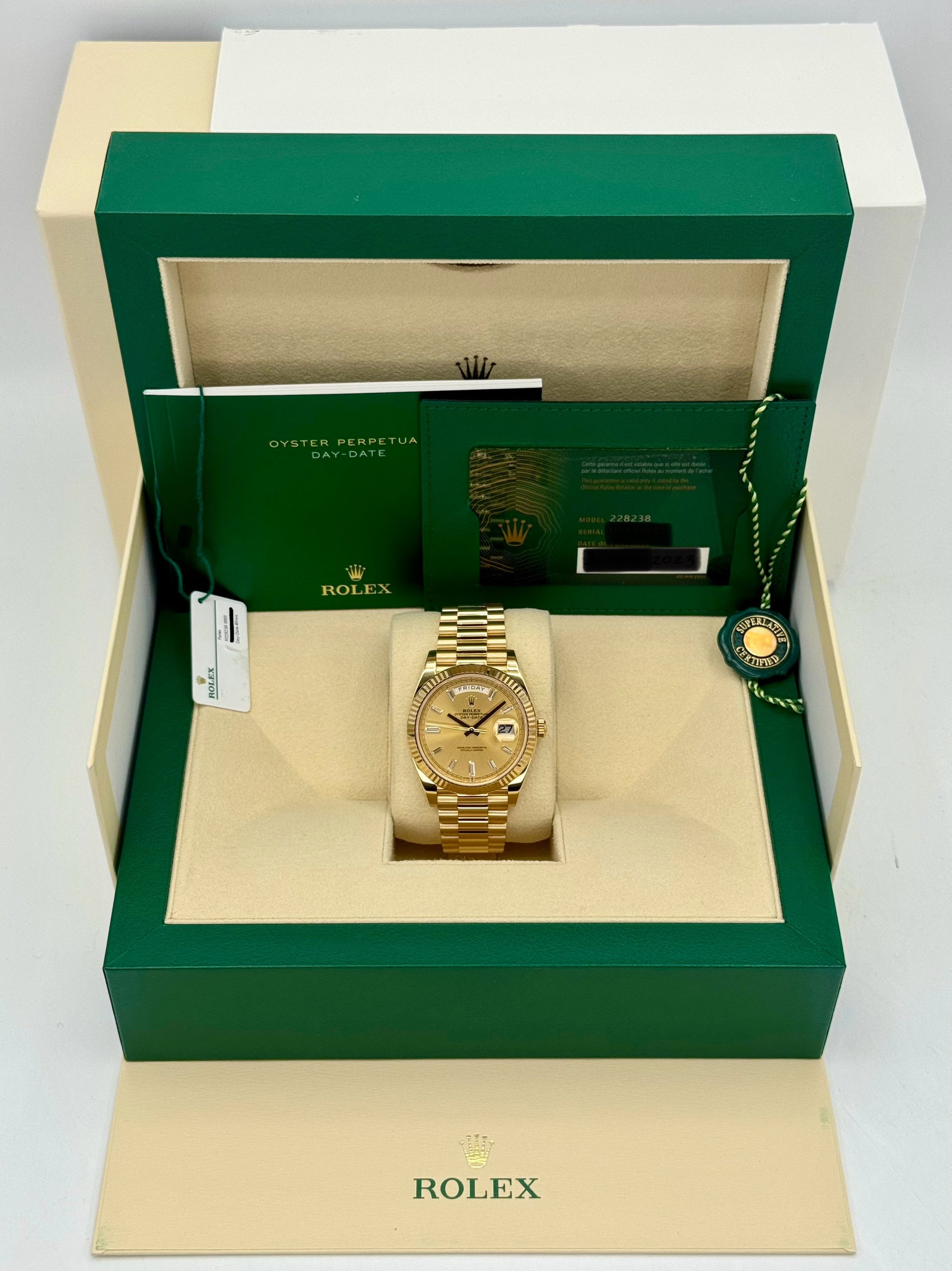 2023 Rolex Day-Date 40mm 228238 Champagne Diamond Baguette Dial - MyWatchLLC