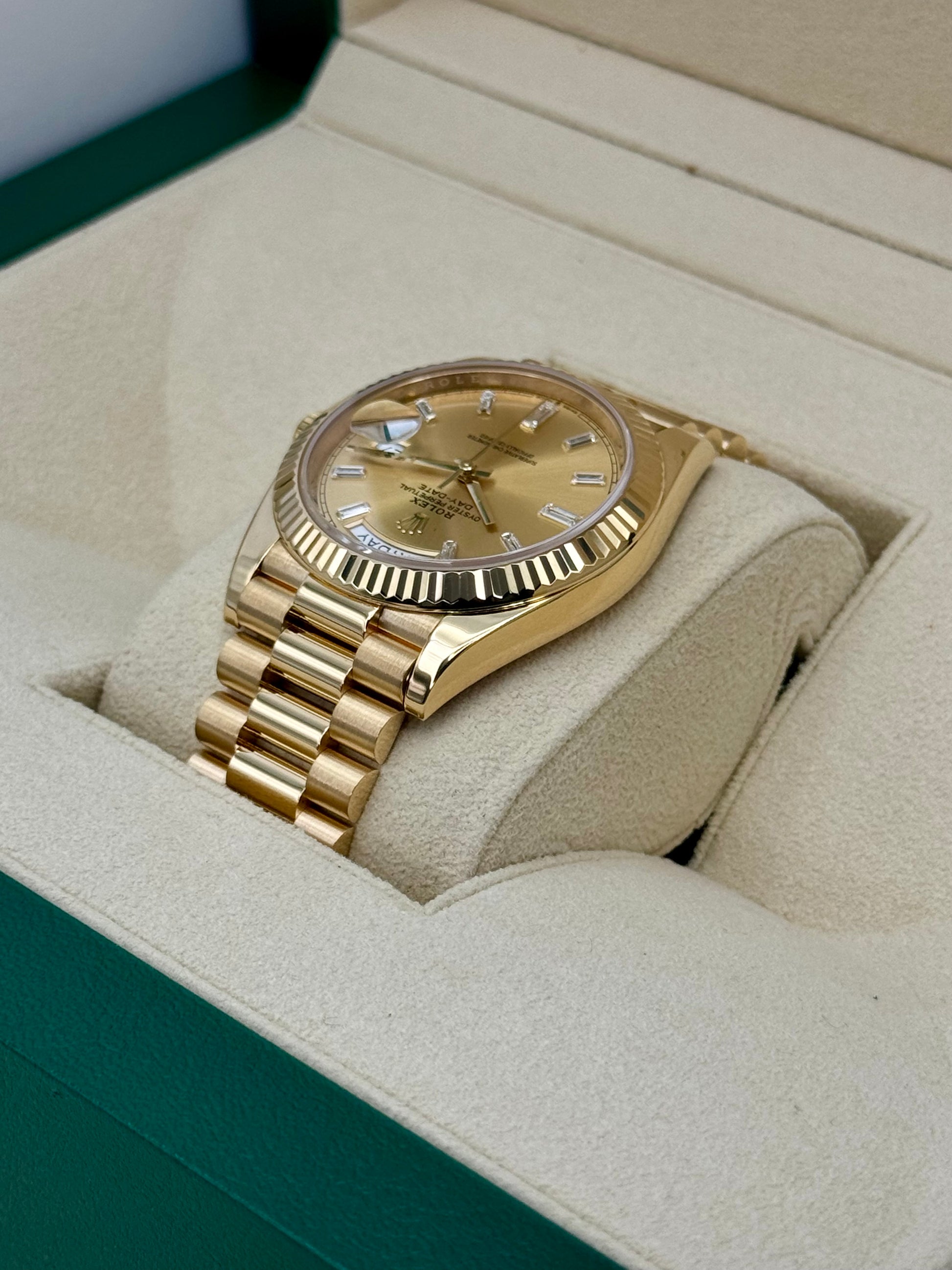 2023 Rolex Day-Date 40mm 228238 Champagne Diamond Baguette Dial - MyWatchLLC