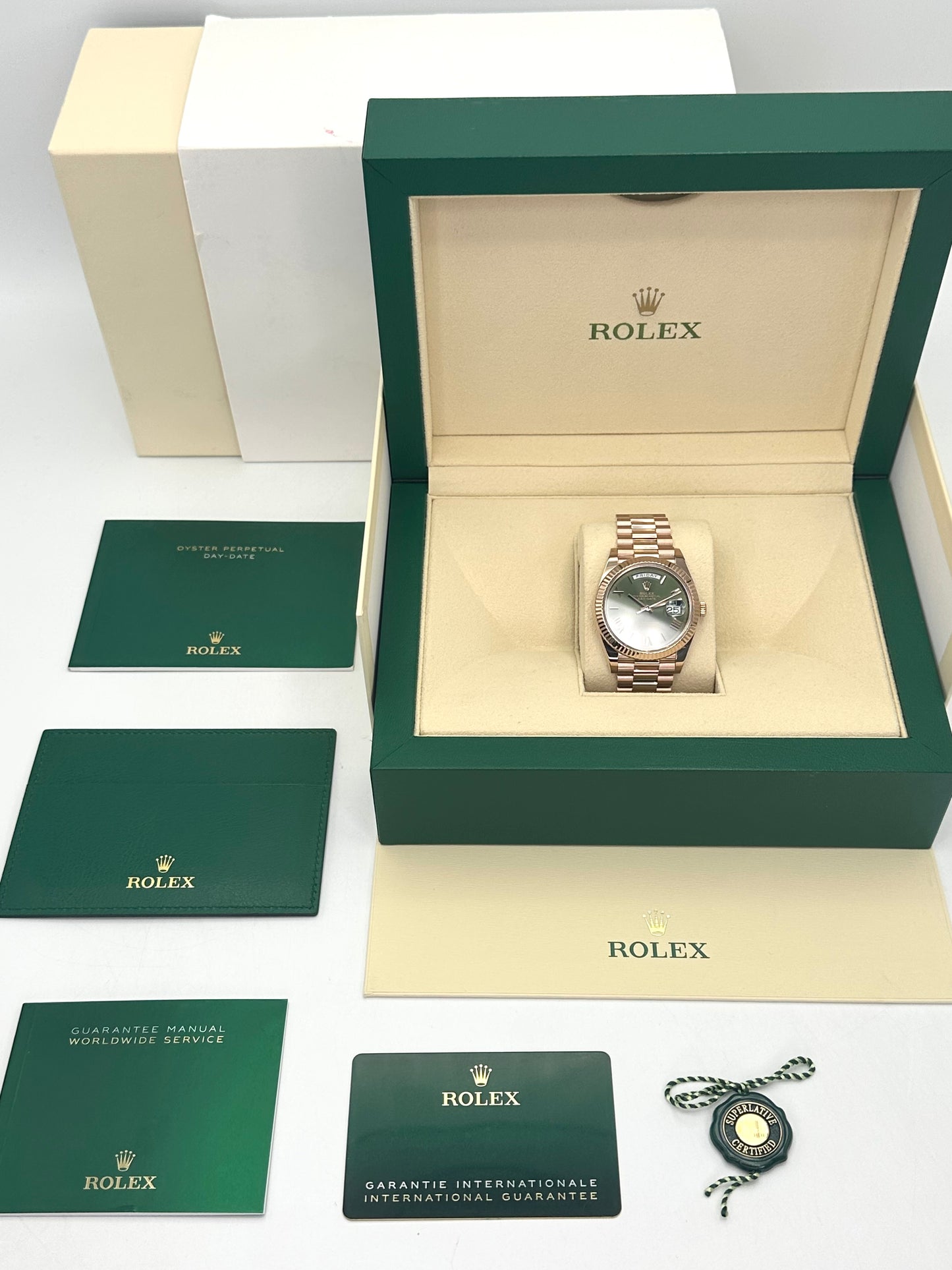 2022 Rolex Day-Date 40mm 228235 Presidential Rose Gold Olive Dial